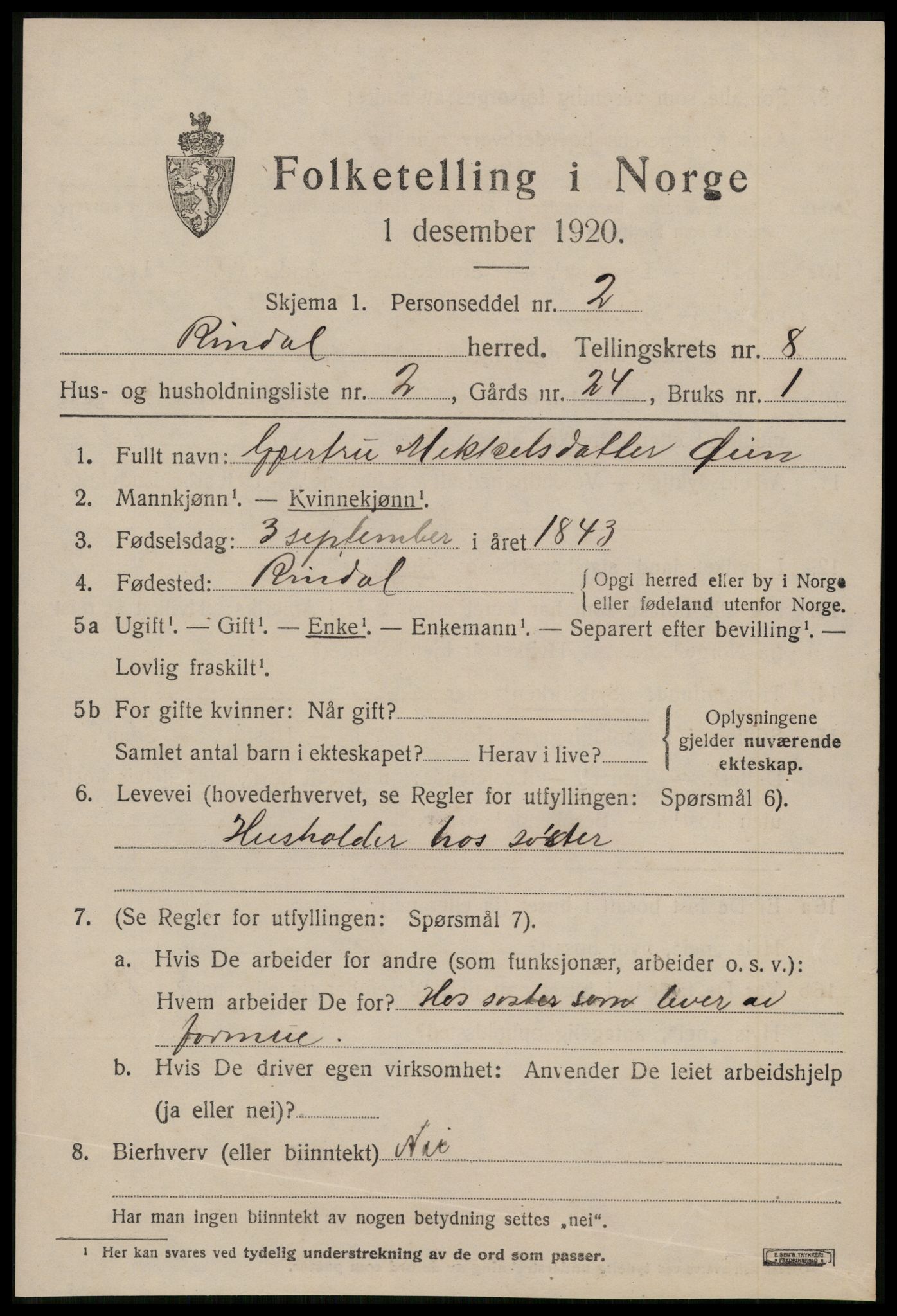 SAT, 1920 census for Rindal, 1920, p. 3952