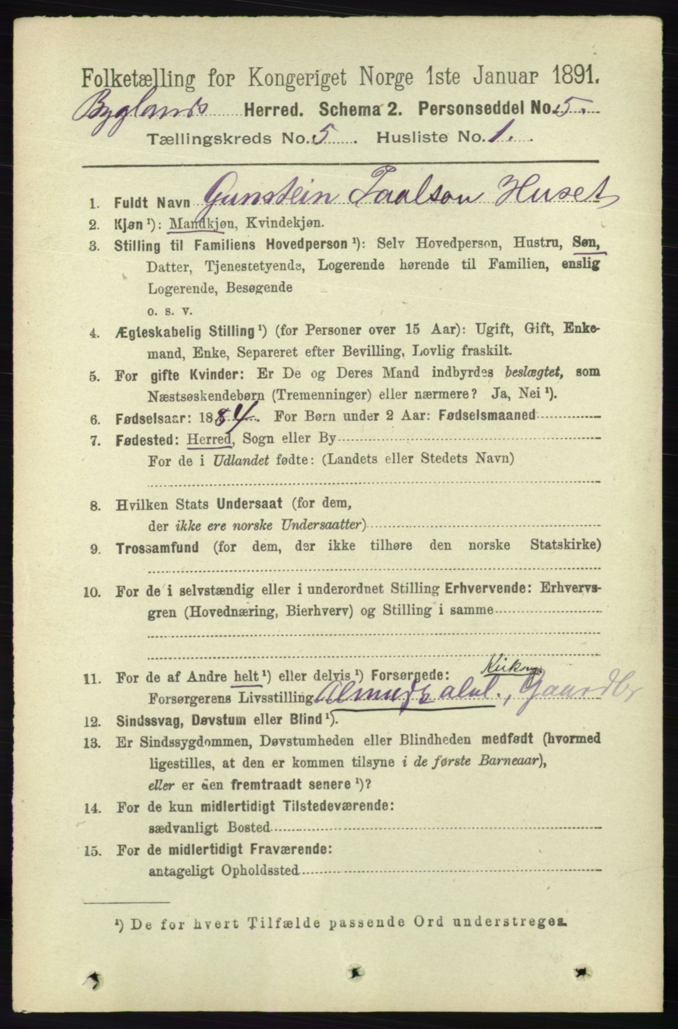 RA, 1891 census for 0938 Bygland, 1891, p. 1054