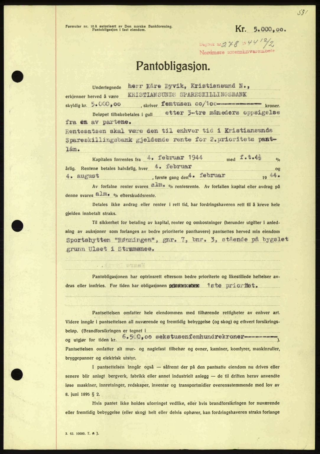 Nordmøre sorenskriveri, AV/SAT-A-4132/1/2/2Ca: Mortgage book no. B91, 1943-1944, Diary no: : 278/1944