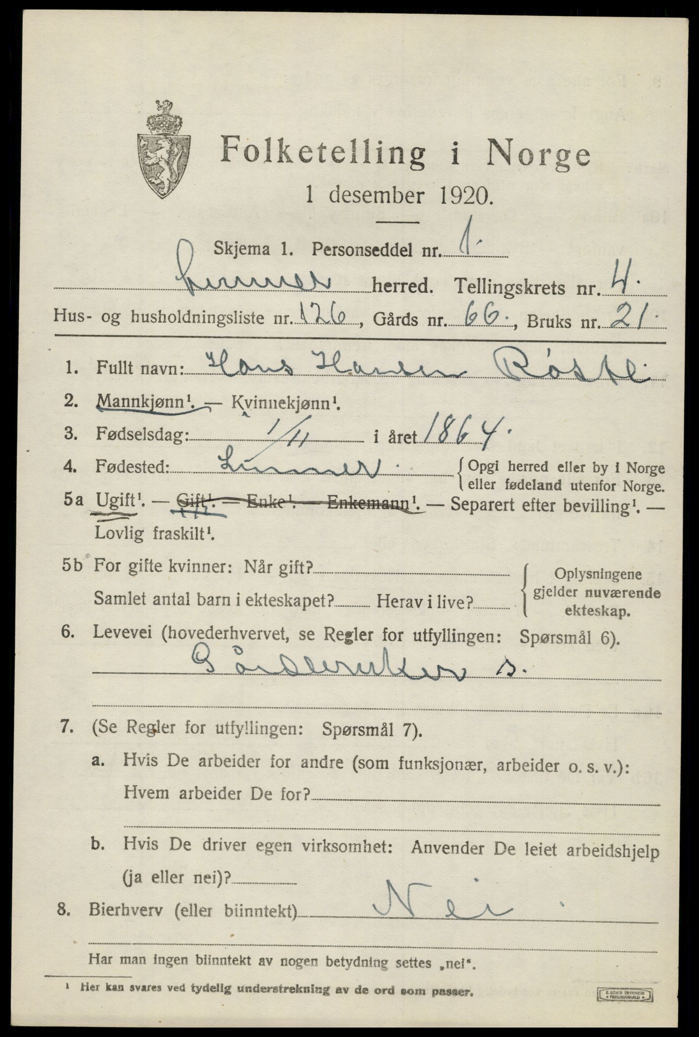 SAH, 1920 census for Lunner, 1920, p. 6723