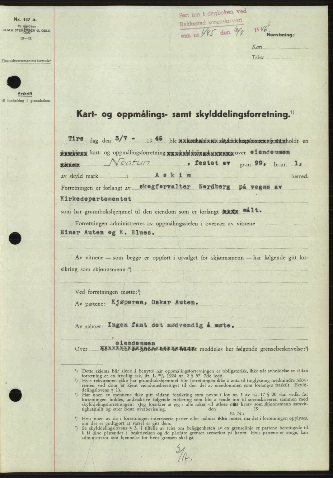 Rakkestad sorenskriveri, AV/SAO-A-10686/G/Gb/Gba/Gbab/L0012a: Mortgage book no. A12 I, 1945-1946, Diary no: : 485/1946