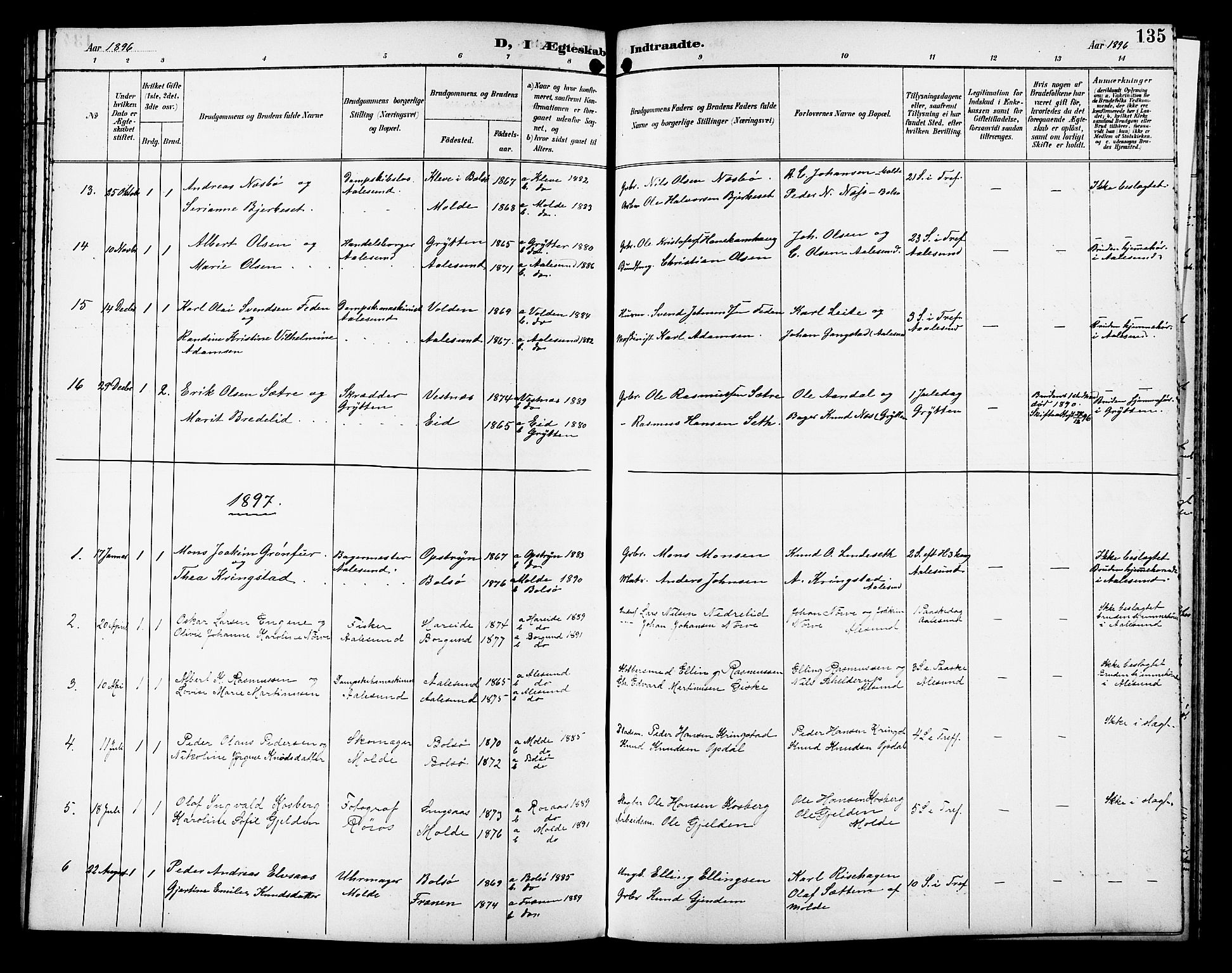 Ministerialprotokoller, klokkerbøker og fødselsregistre - Møre og Romsdal, SAT/A-1454/558/L0702: Parish register (copy) no. 558C03, 1894-1915, p. 135