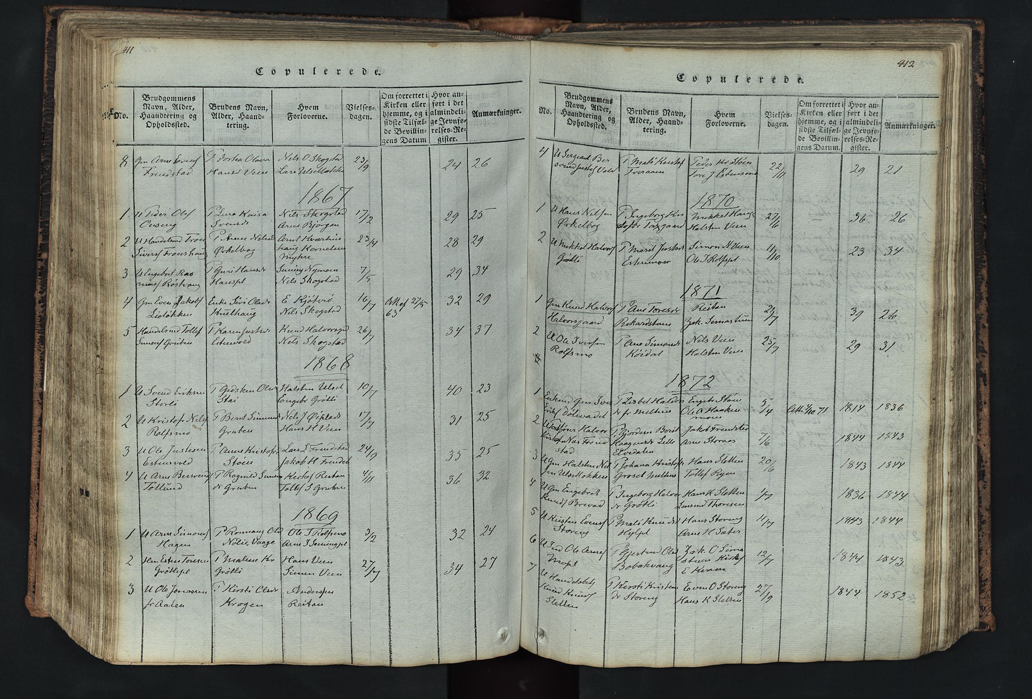 Kvikne prestekontor, SAH/PREST-064/H/Ha/Hab/L0001: Parish register (copy) no. 1, 1815-1895, p. 411-412