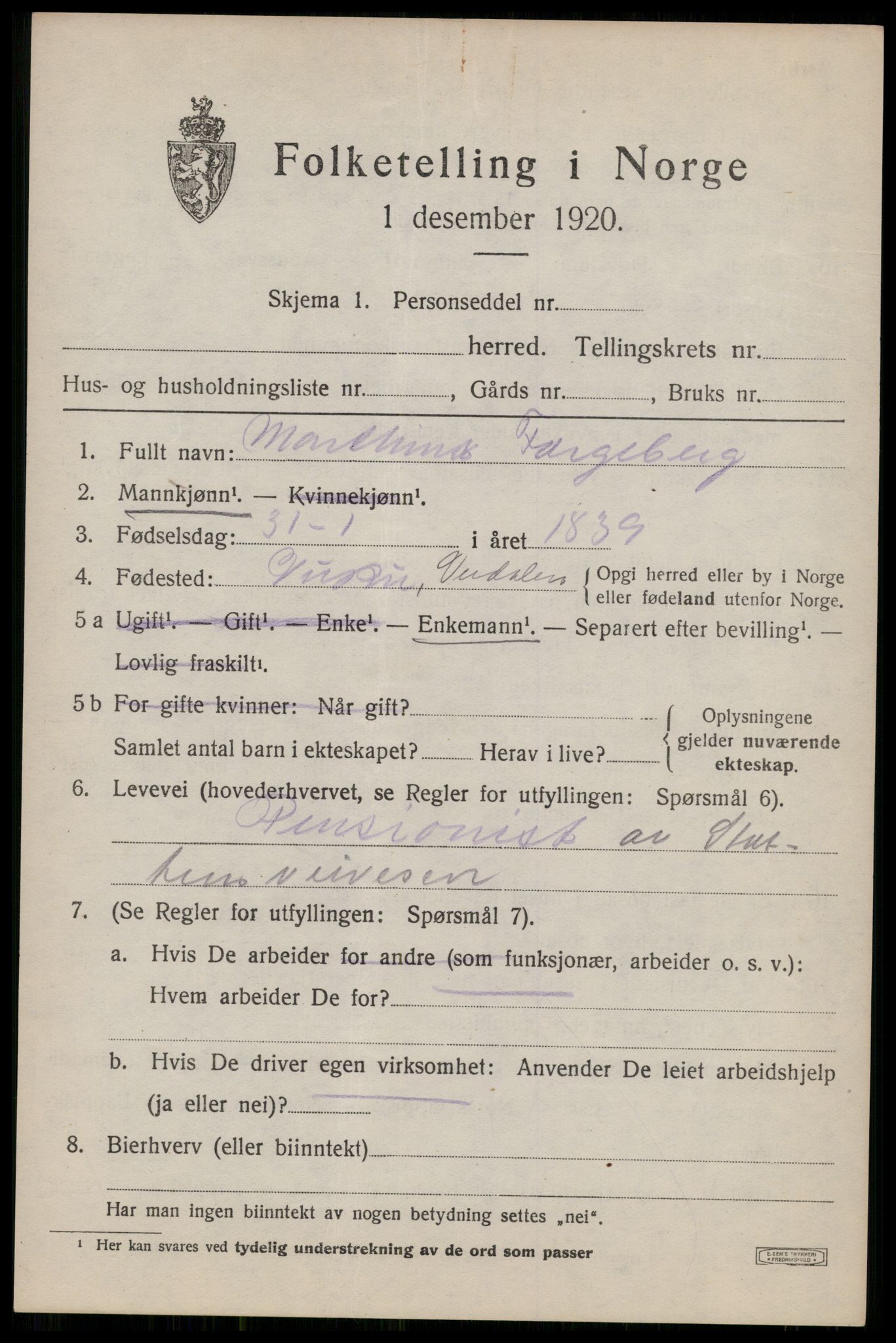 SAT, 1920 census for Verdal, 1920, p. 5577