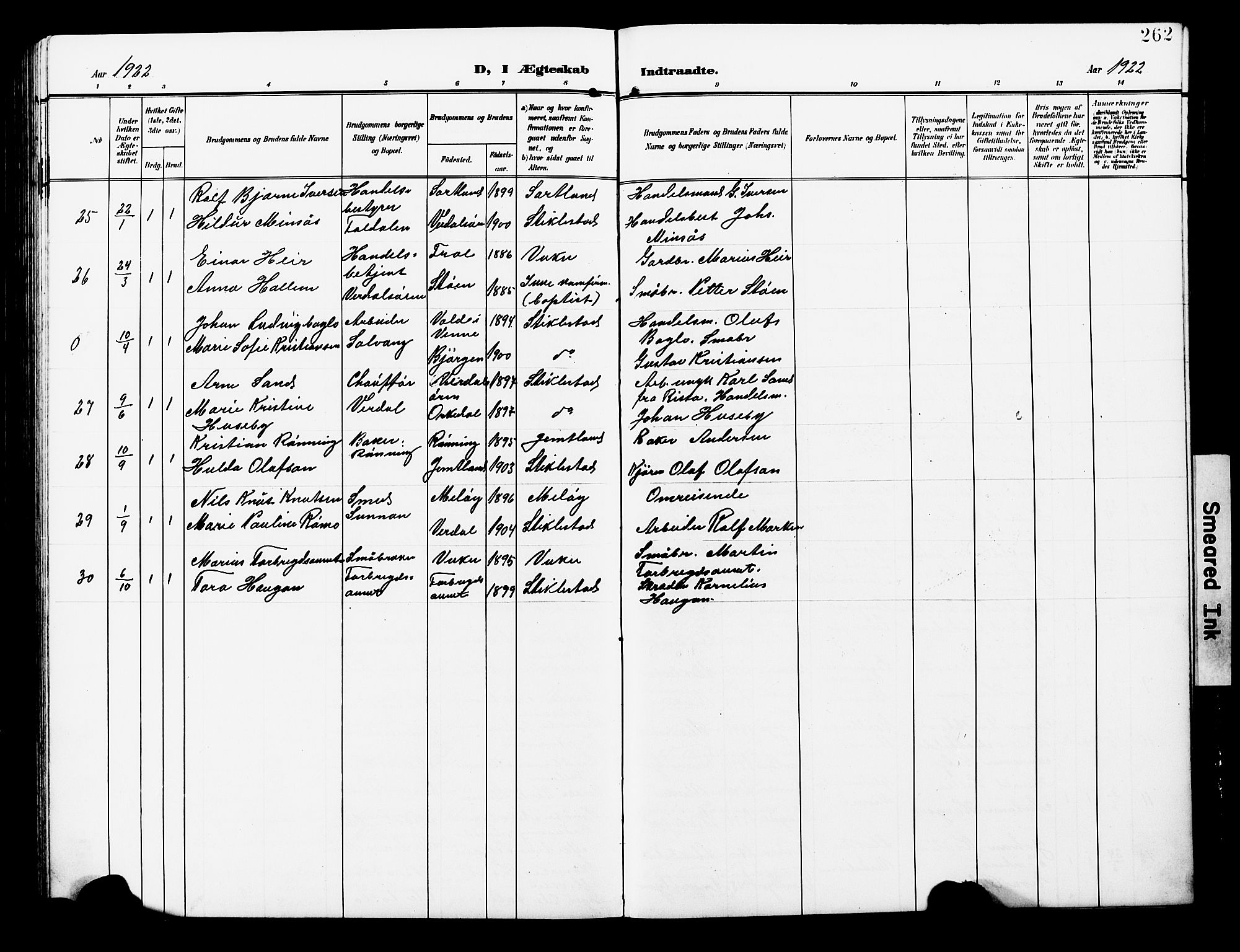 Ministerialprotokoller, klokkerbøker og fødselsregistre - Nord-Trøndelag, SAT/A-1458/723/L0258: Parish register (copy) no. 723C06, 1908-1927, p. 262