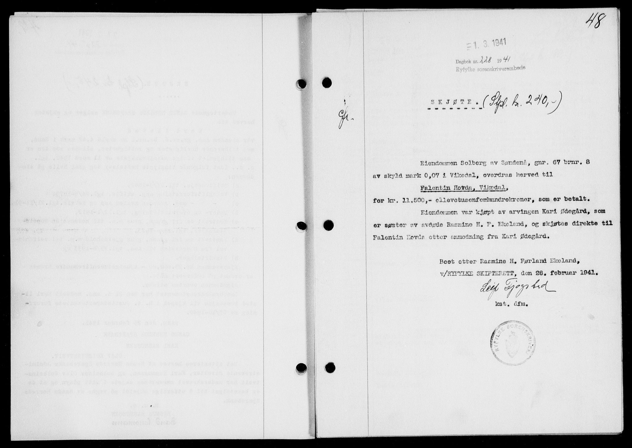 Ryfylke tingrett, SAST/A-100055/001/II/IIB/L0085: Mortgage book no. 64, 1941-1941, Diary no: : 228/1941