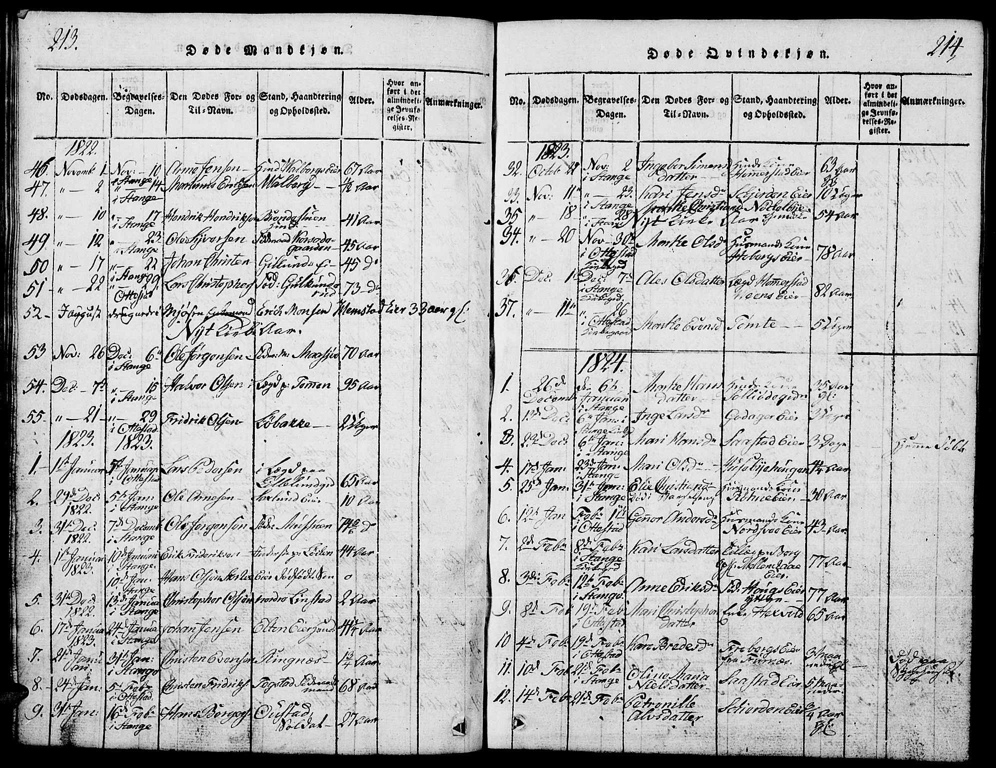 Stange prestekontor, SAH/PREST-002/L/L0001: Parish register (copy) no. 1, 1814-1825, p. 213-214