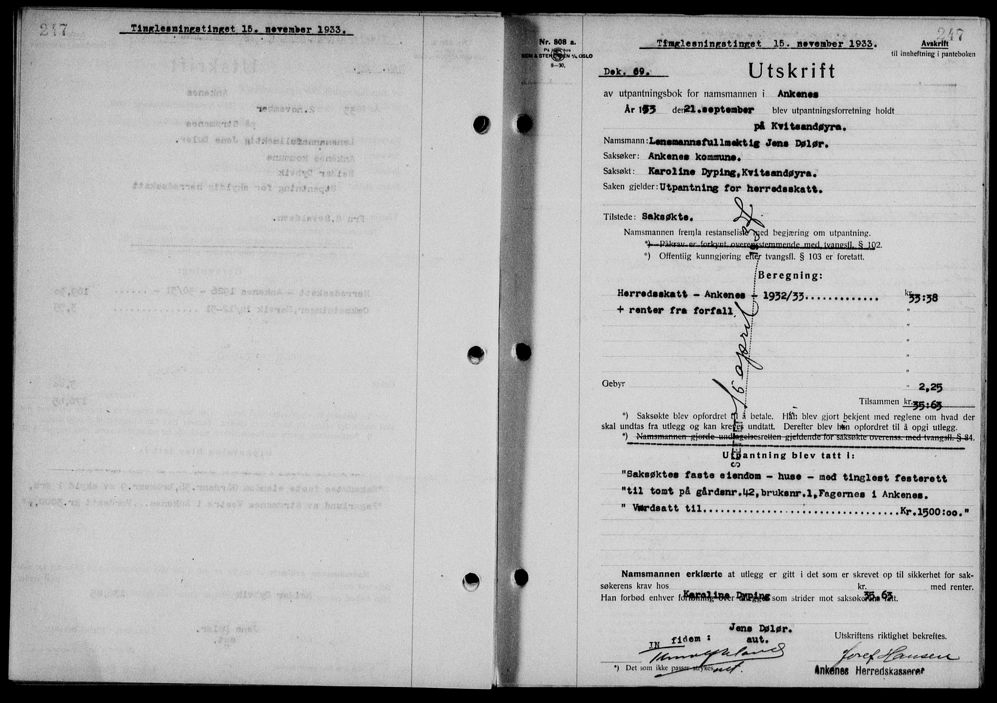 Steigen og Ofoten sorenskriveri, SAT/A-0030/1/2/2C/L0023/0002: Mortgage book no. 26-II og 27, 1933-1934, Deed date: 15.11.1933