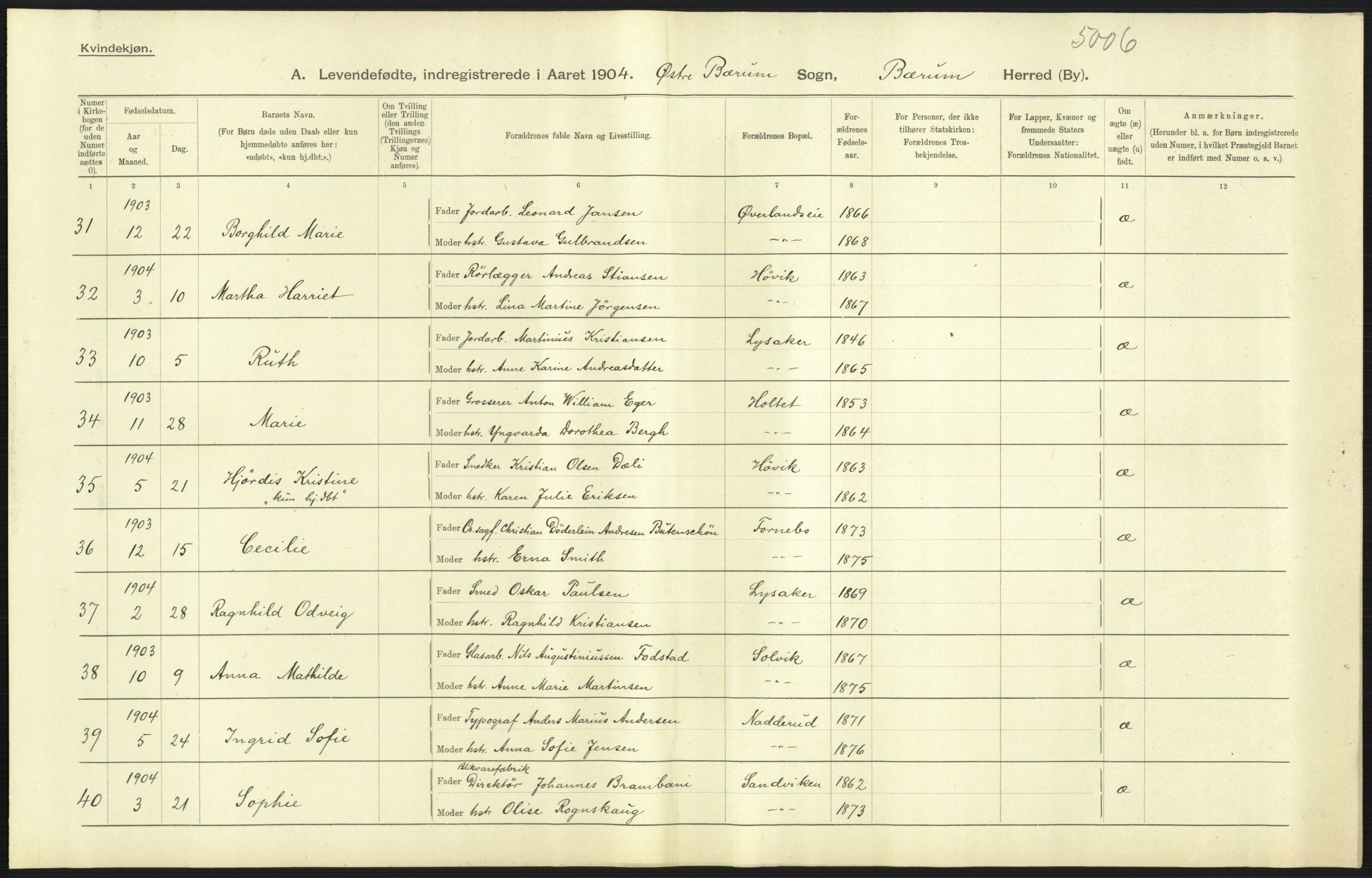 Statistisk sentralbyrå, Sosiodemografiske emner, Befolkning, AV/RA-S-2228/D/Df/Dfa/Dfab/L0002: Akershus amt: Fødte, gifte, døde, 1904, p. 33