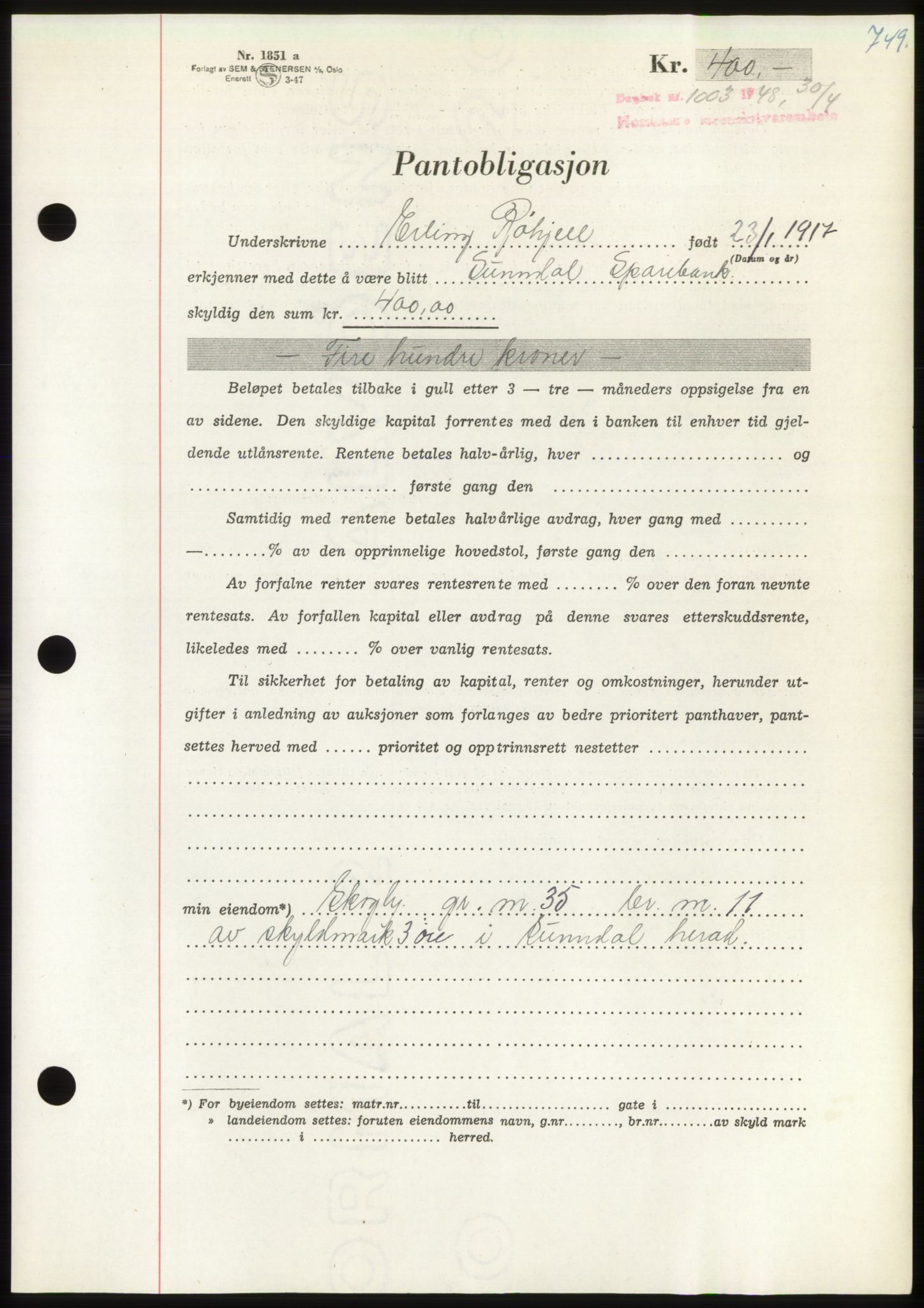 Nordmøre sorenskriveri, AV/SAT-A-4132/1/2/2Ca: Mortgage book no. B98, 1948-1948, Diary no: : 1003/1948