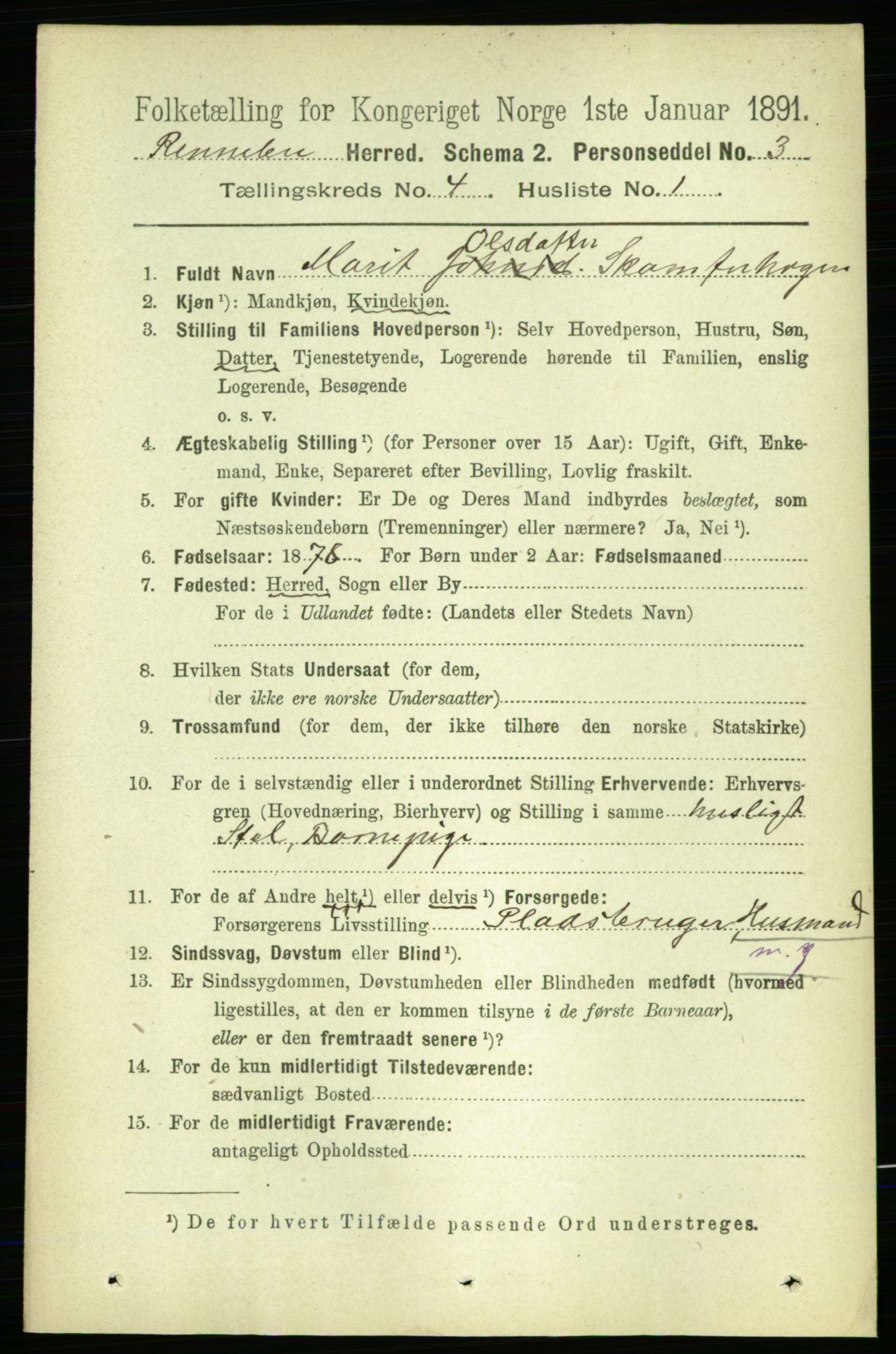 RA, 1891 census for 1635 Rennebu, 1891, p. 1990