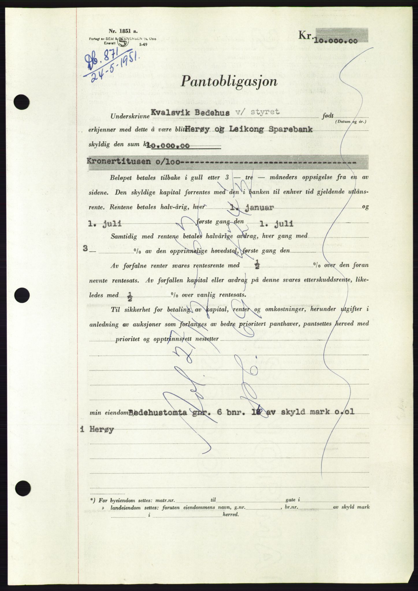 Søre Sunnmøre sorenskriveri, AV/SAT-A-4122/1/2/2C/L0120: Mortgage book no. 8B, 1951-1951, Diary no: : 871/1951