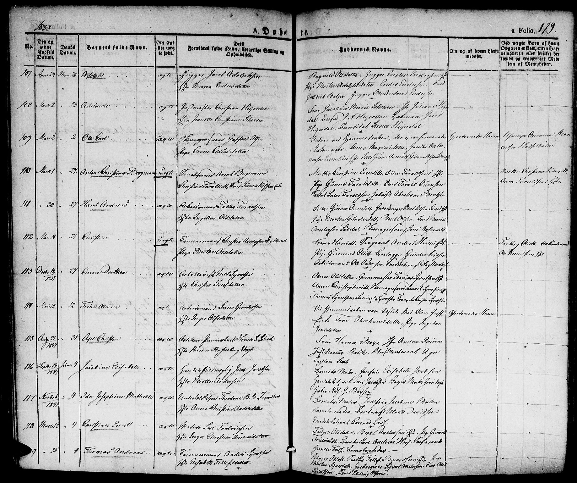 Kristiansand domprosti, SAK/1112-0006/F/Fa/L0011: Parish register (official) no. A 11, 1827-1841, p. 179