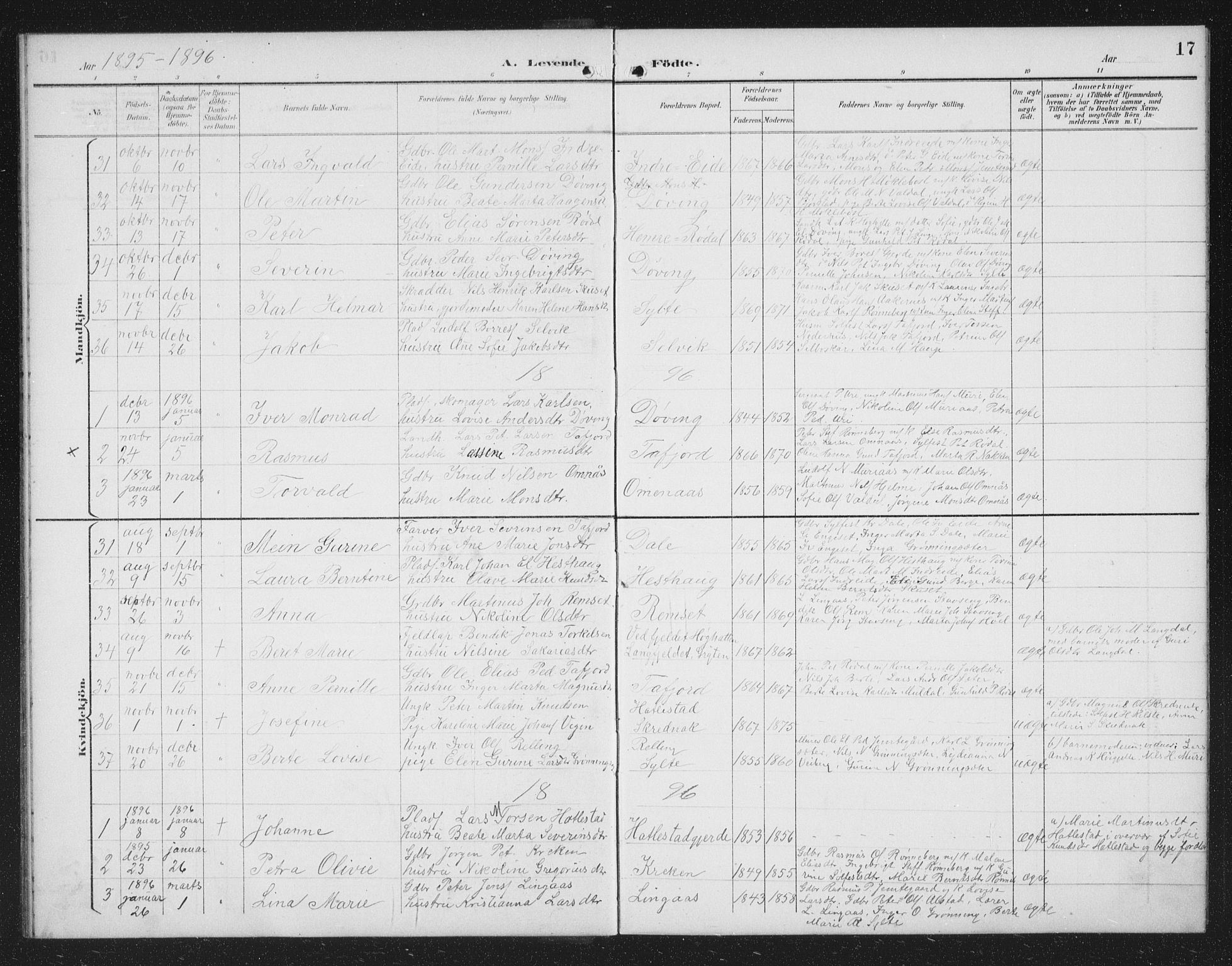 Ministerialprotokoller, klokkerbøker og fødselsregistre - Møre og Romsdal, SAT/A-1454/519/L0264: Parish register (copy) no. 519C05, 1892-1910, p. 17