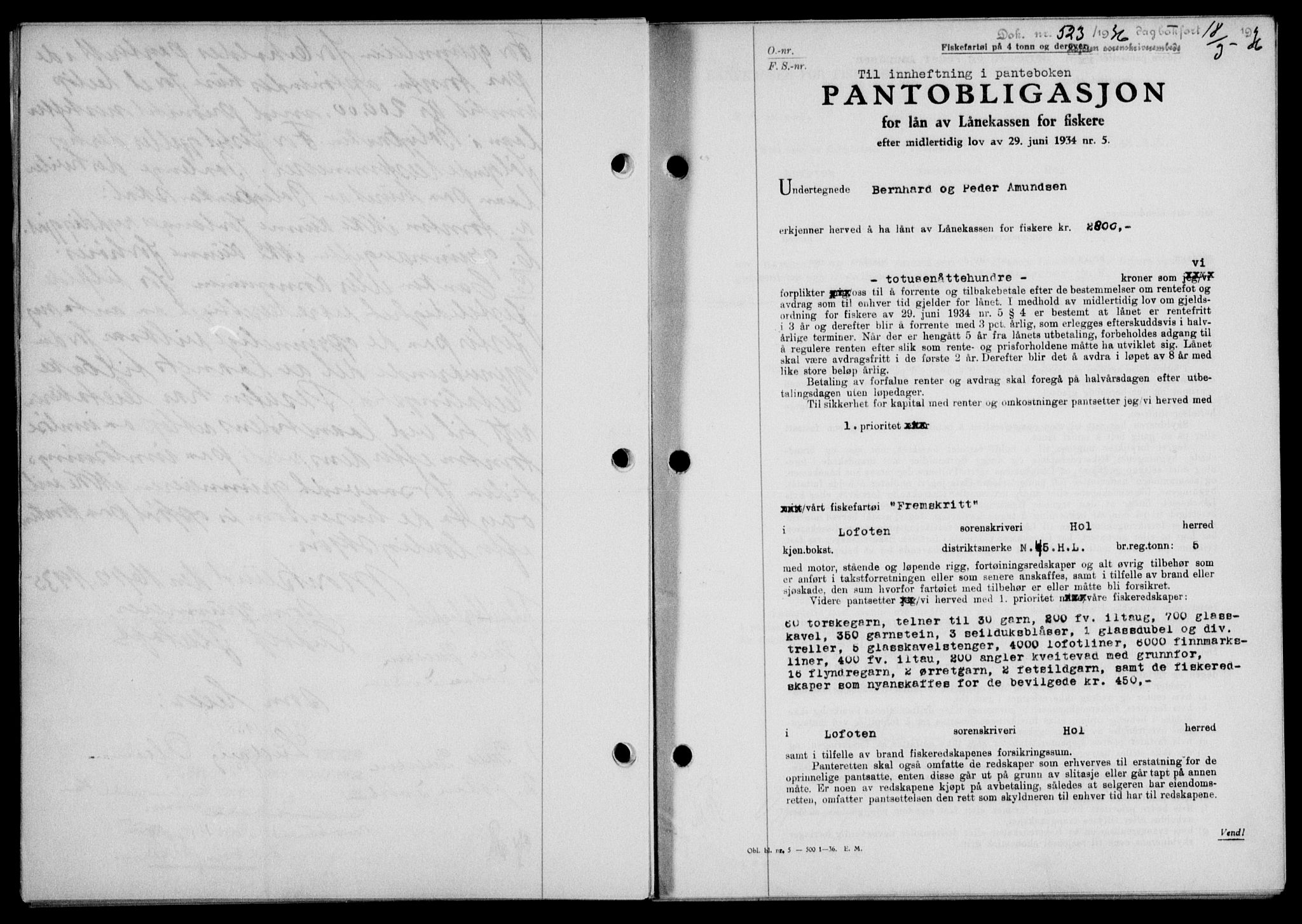 Lofoten sorenskriveri, SAT/A-0017/1/2/2C/L0033b: Mortgage book no. 33b, 1936-1936, Diary no: : 523/1936