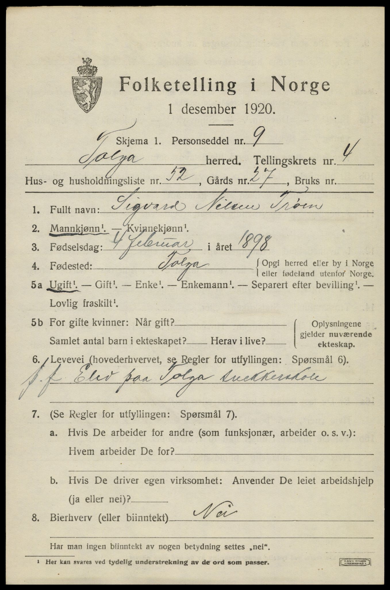 SAH, 1920 census for Tolga, 1920, p. 3197