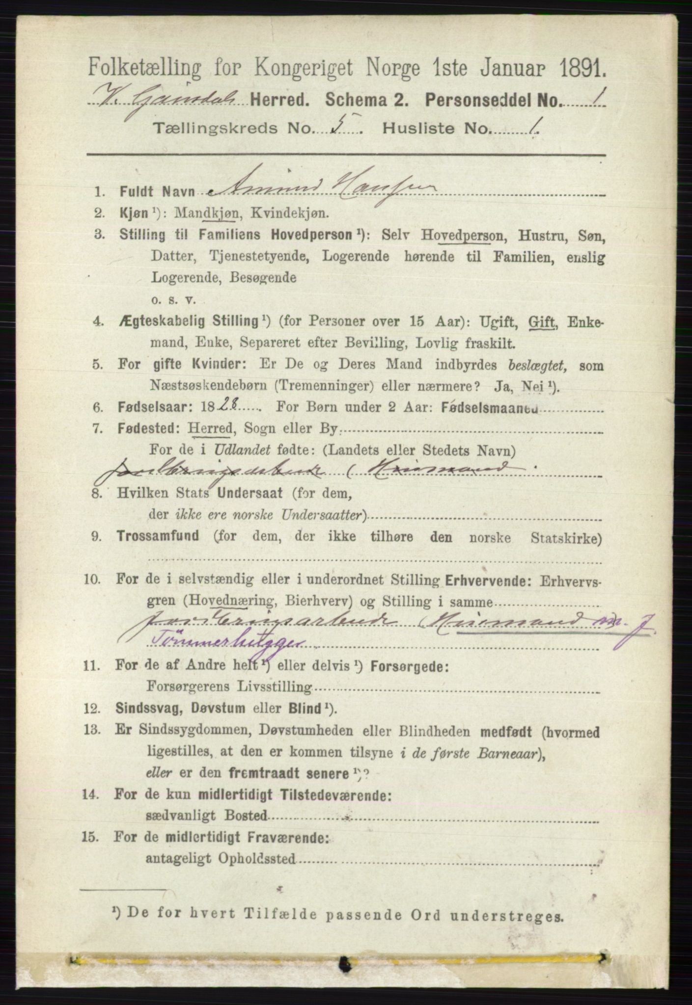 RA, 1891 census for 0523 Vestre Gausdal, 1891, p. 2173