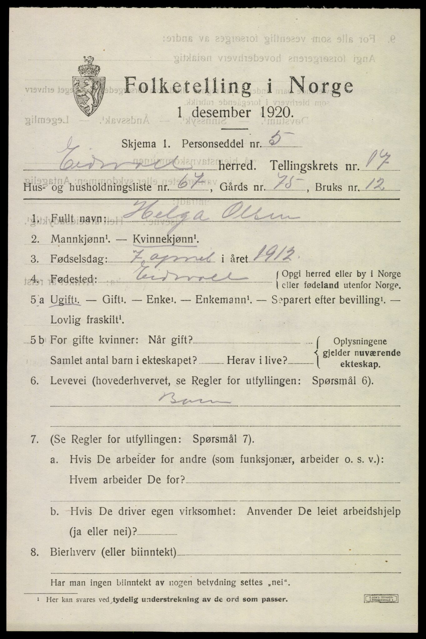 SAO, 1920 census for Eidsvoll, 1920, p. 24393