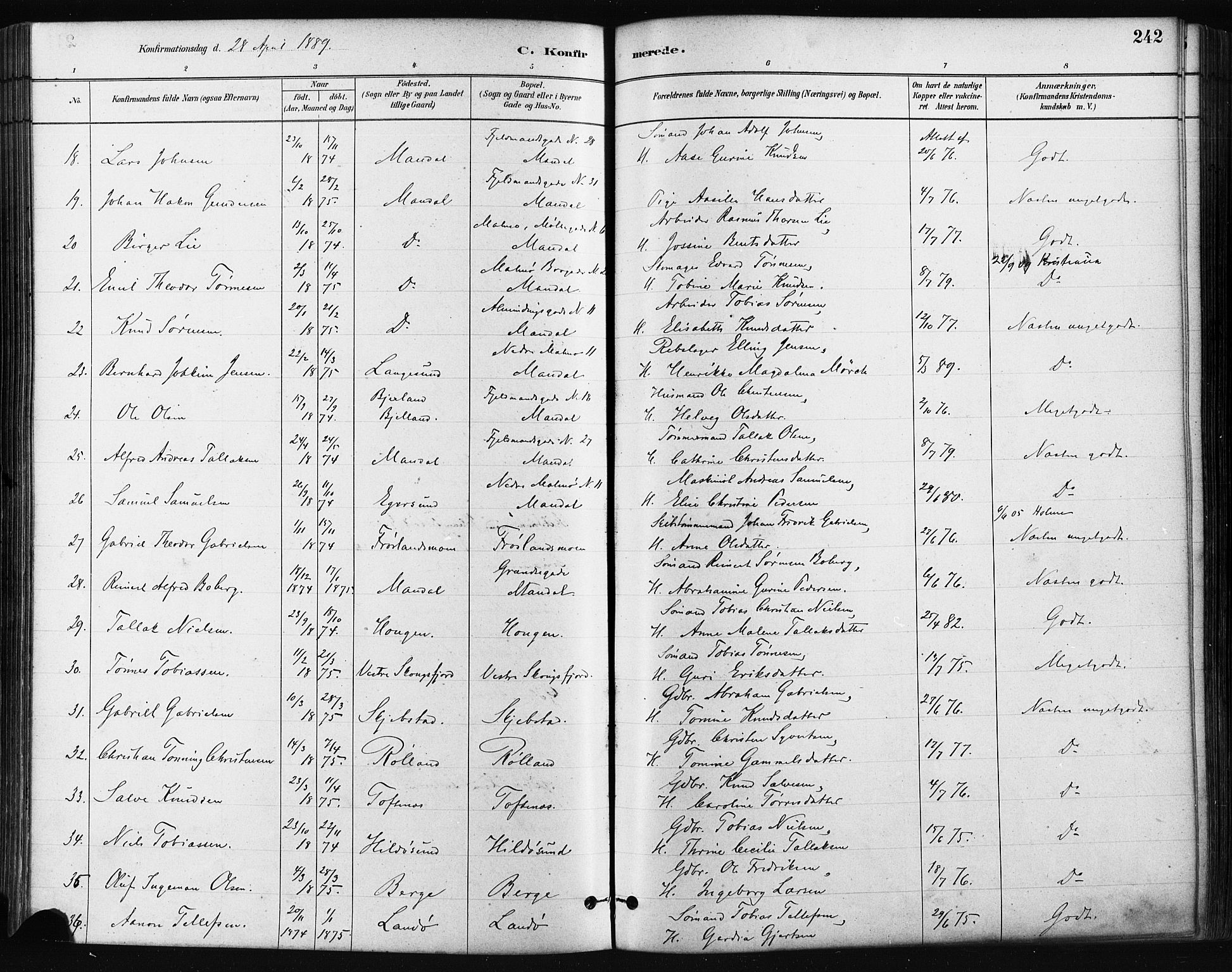 Mandal sokneprestkontor, SAK/1111-0030/F/Fa/Faa/L0016: Parish register (official) no. A 16, 1880-1890, p. 242