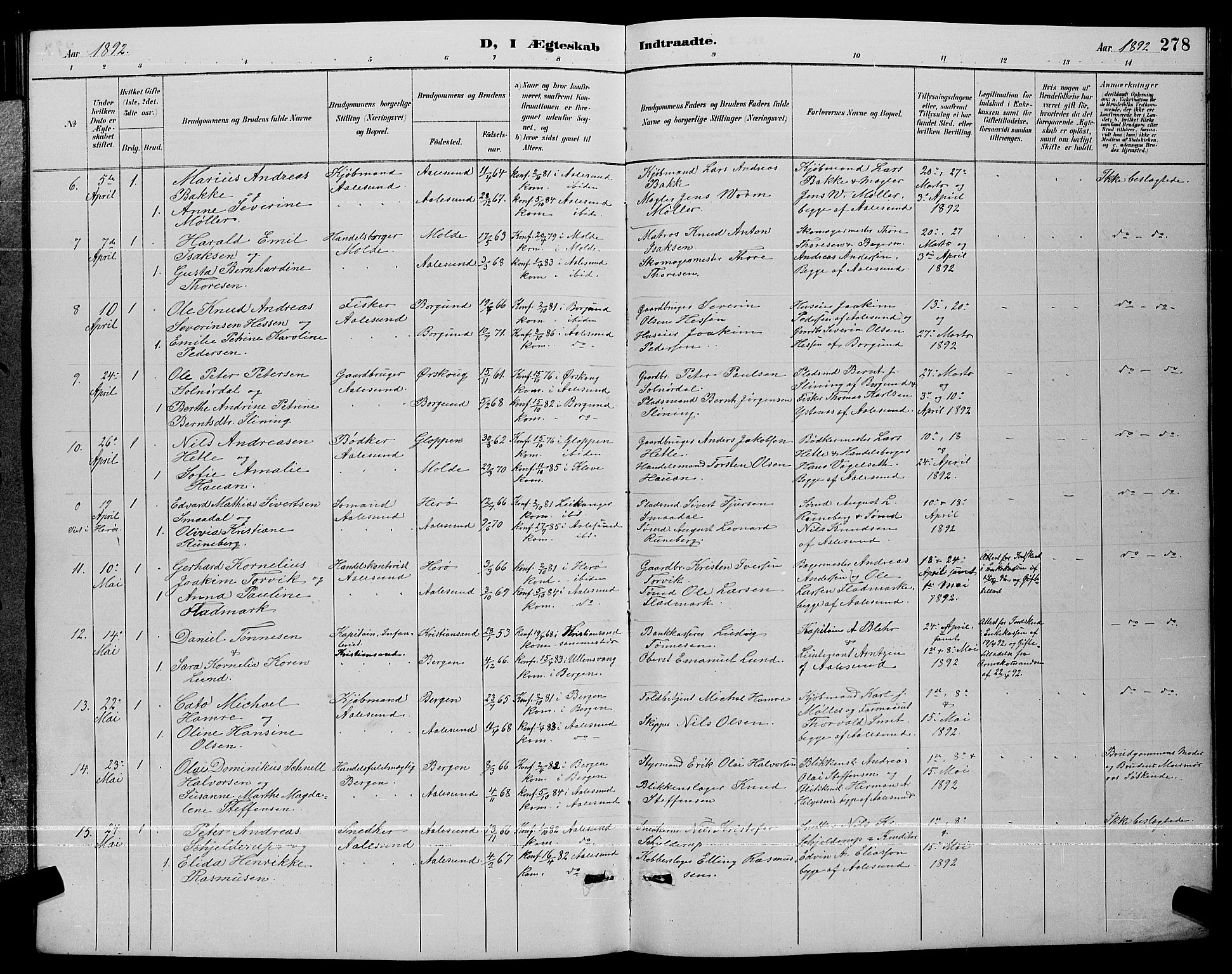 Ministerialprotokoller, klokkerbøker og fødselsregistre - Møre og Romsdal, AV/SAT-A-1454/529/L0467: Parish register (copy) no. 529C04, 1889-1897, p. 278