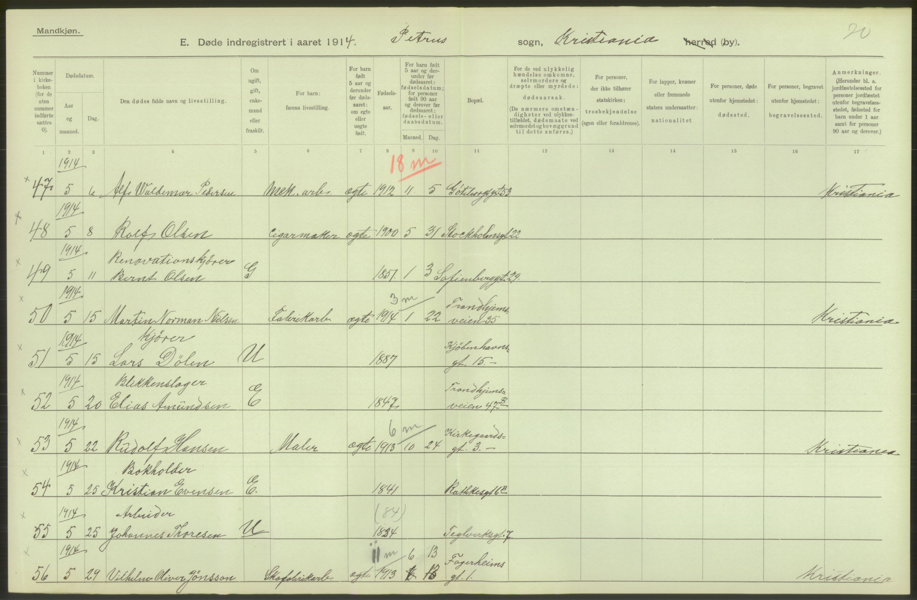 Statistisk sentralbyrå, Sosiodemografiske emner, Befolkning, AV/RA-S-2228/D/Df/Dfb/Dfbd/L0008: Kristiania: Døde, 1914, p. 340