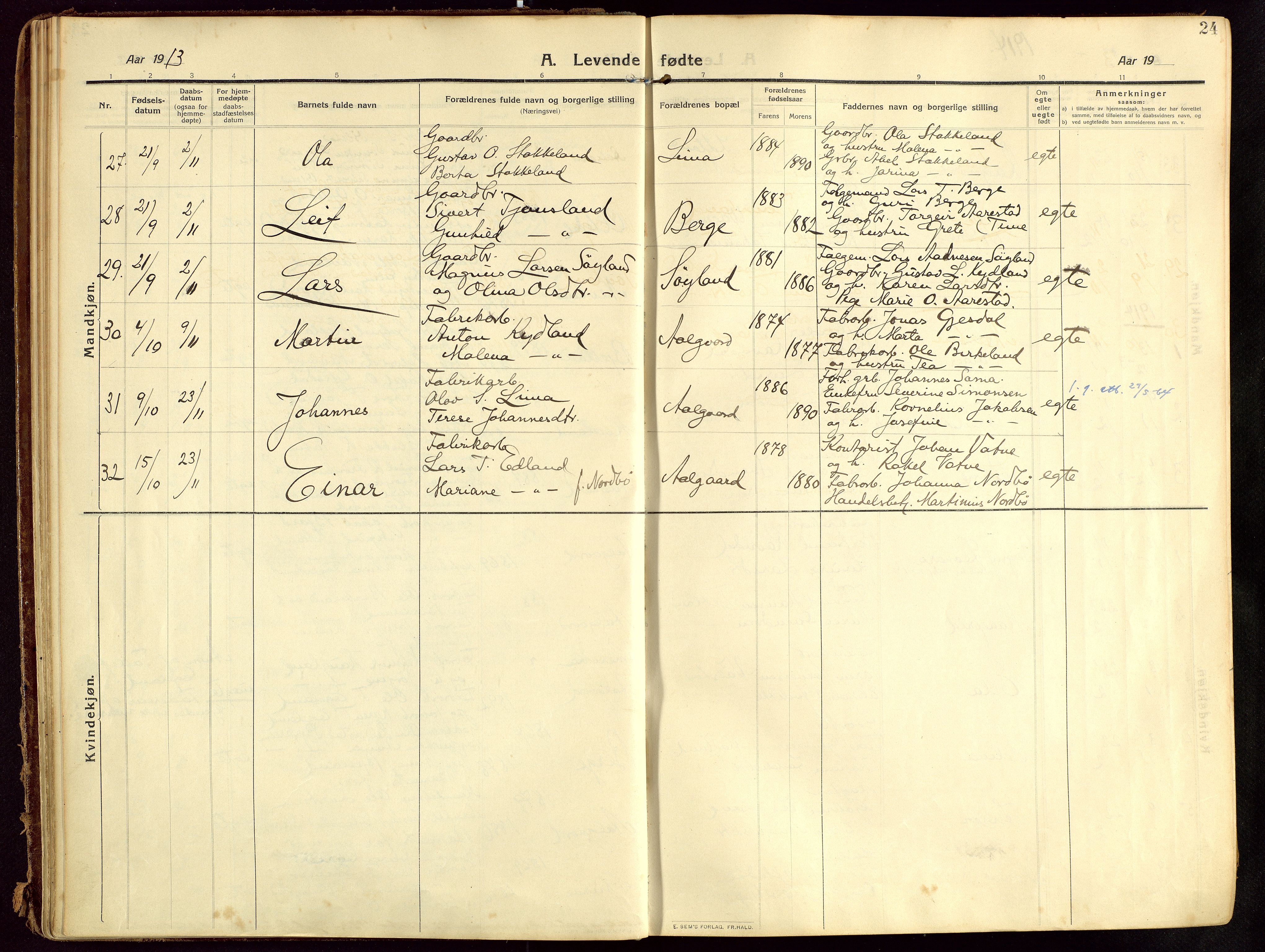 Lye sokneprestkontor, SAST/A-101794/002/B/L0001: Parish register (official) no. A 13, 1910-1925, p. 24