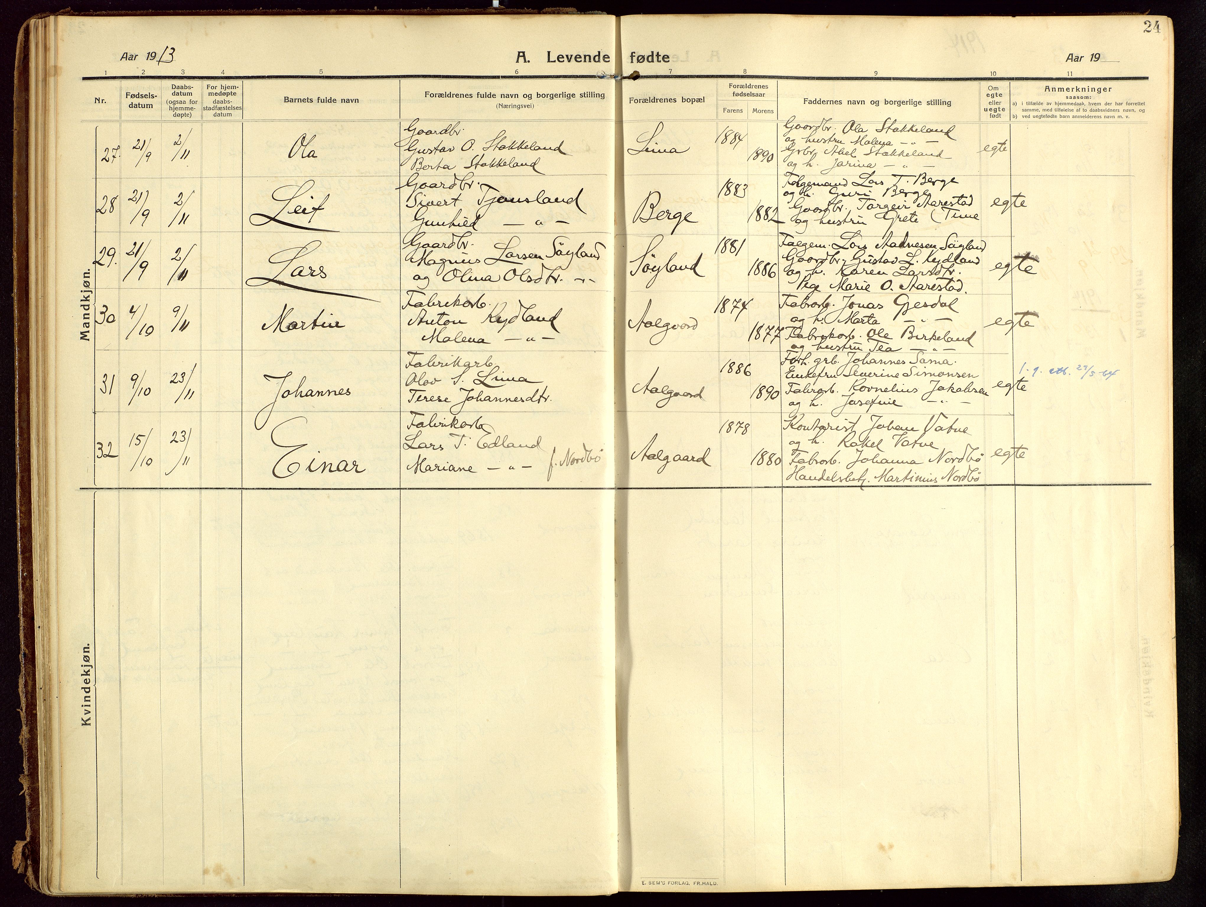 Lye sokneprestkontor, AV/SAST-A-101794/002/B/L0001: Parish register (official) no. A 13, 1910-1925, p. 24