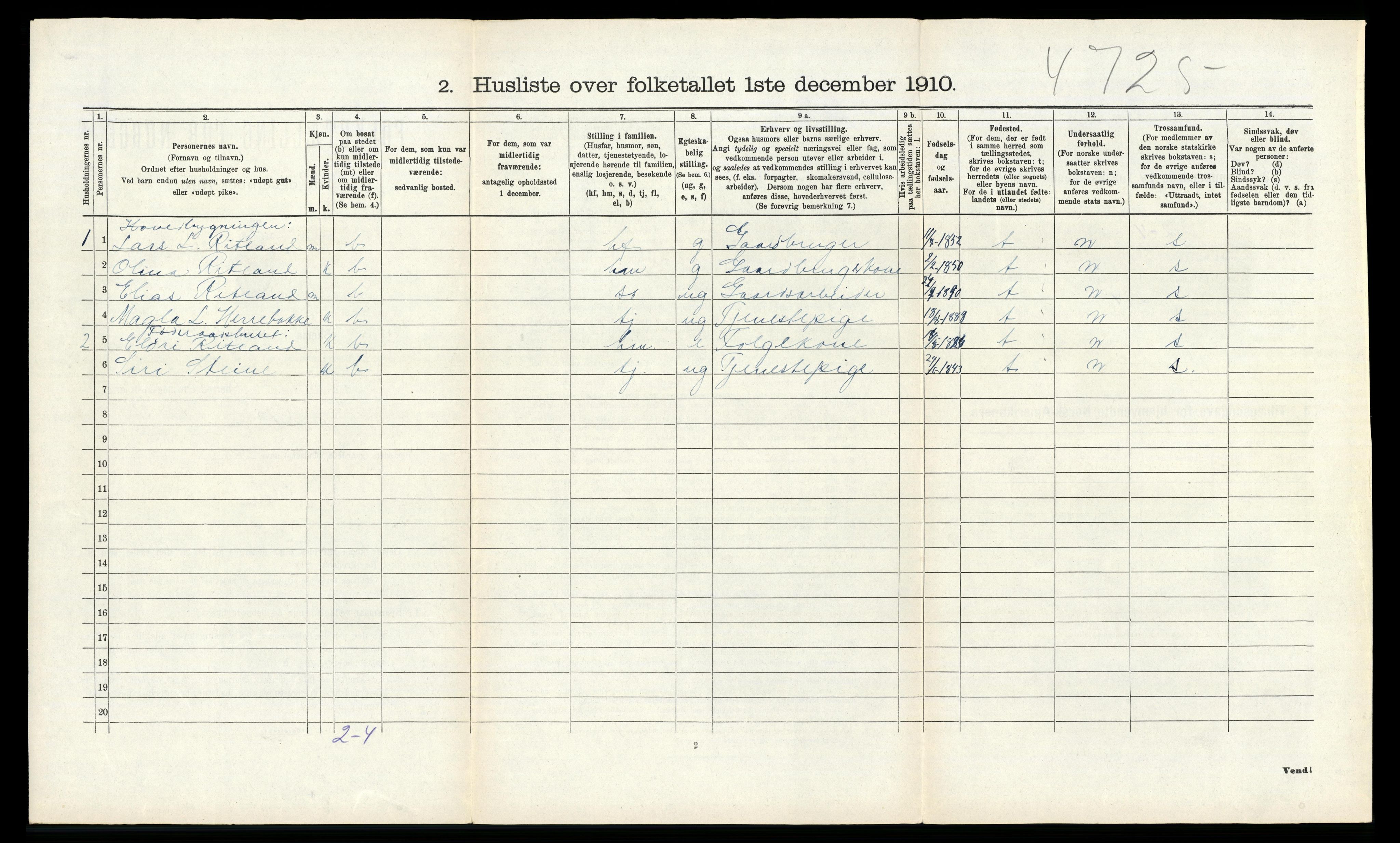 RA, 1910 census for Suldal, 1910, p. 188