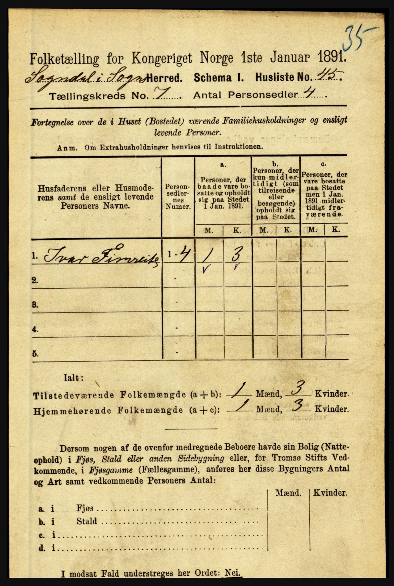 RA, 1891 census for 1420 Sogndal, 1891, p. 2974