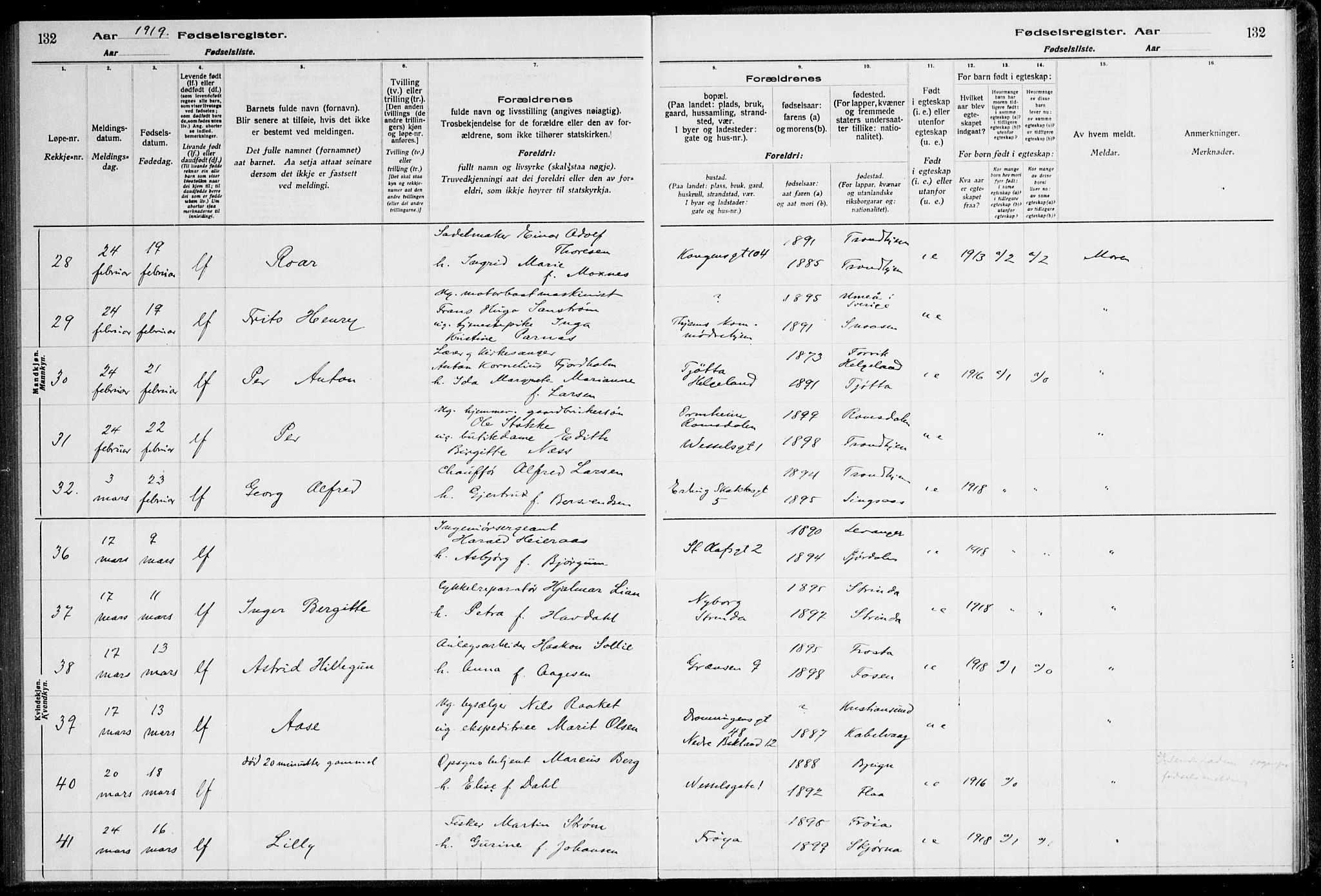 Ministerialprotokoller, klokkerbøker og fødselsregistre - Sør-Trøndelag, AV/SAT-A-1456/600/L0002: Birth register no. 600.II.4.1, 1916-1920, p. 132