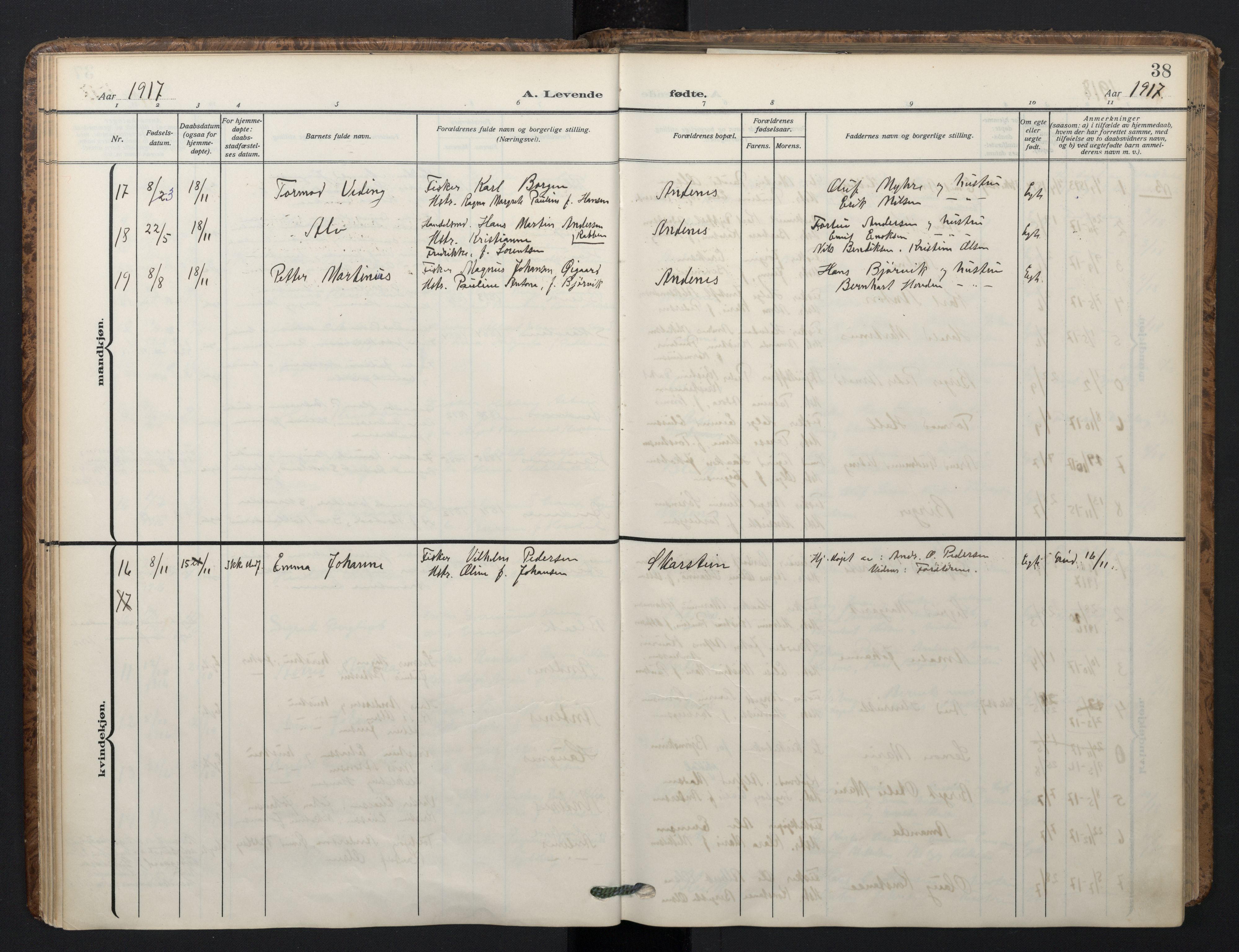 Ministerialprotokoller, klokkerbøker og fødselsregistre - Nordland, SAT/A-1459/899/L1438: Parish register (official) no. 899A06, 1909-1922, p. 38