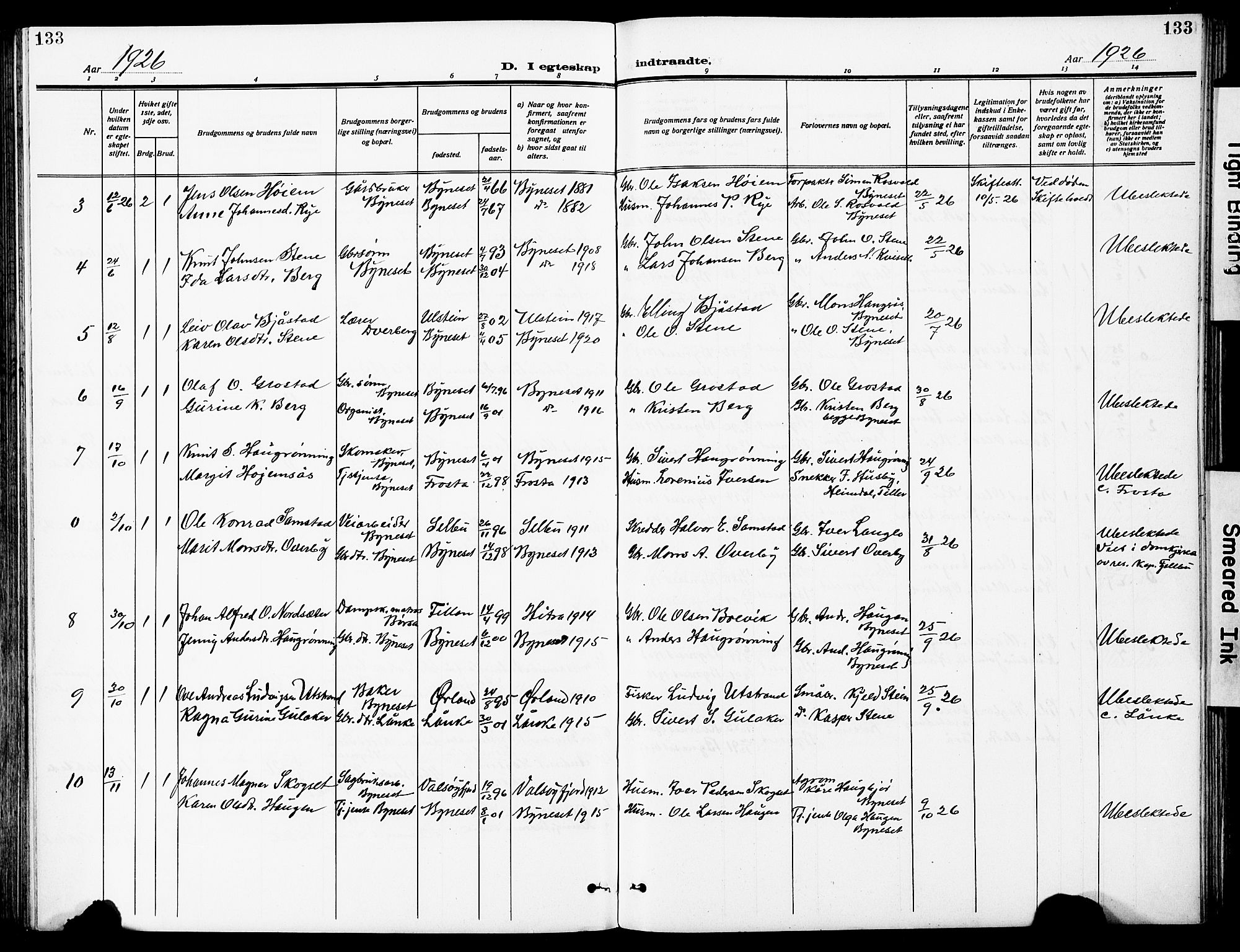 Ministerialprotokoller, klokkerbøker og fødselsregistre - Sør-Trøndelag, SAT/A-1456/612/L0388: Parish register (copy) no. 612C04, 1909-1929, p. 133