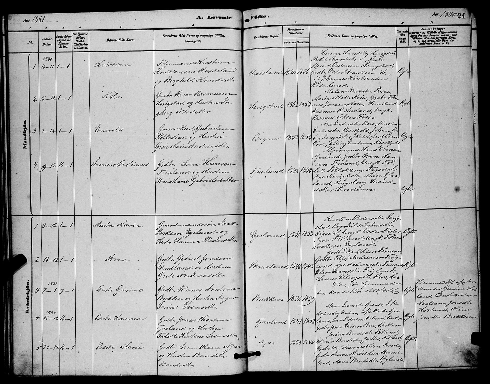 Lye sokneprestkontor, AV/SAST-A-101794/001/30BB/L0006: Parish register (copy) no. B 6, 1879-1888, p. 24