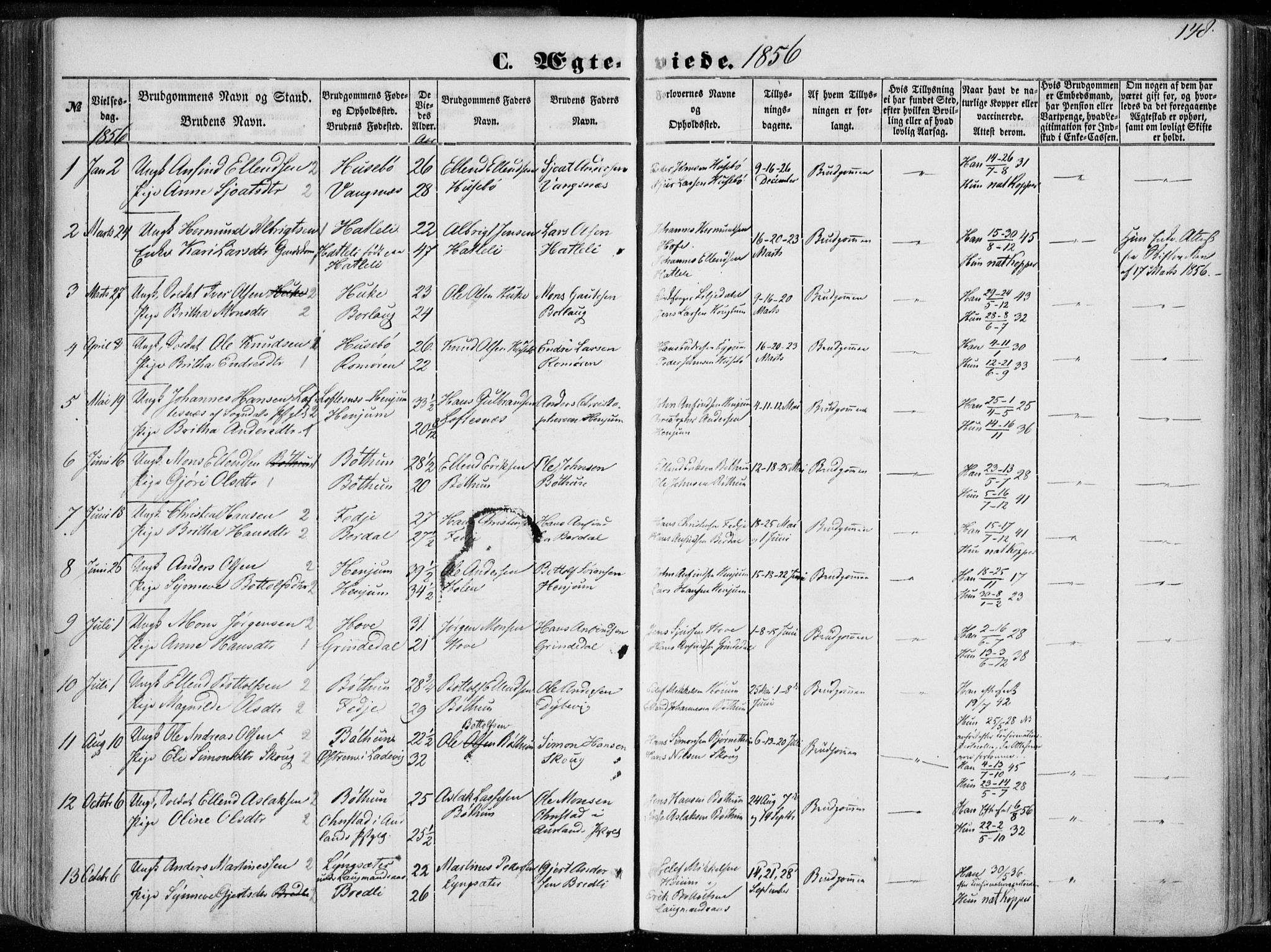 Leikanger sokneprestembete, SAB/A-81001: Parish register (official) no. A 8, 1852-1868, p. 148