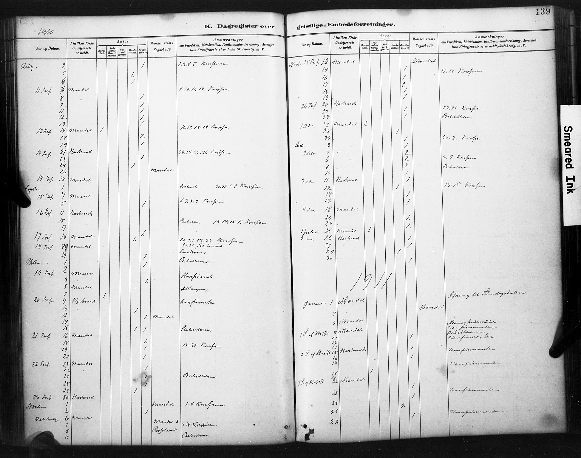 Mandal sokneprestkontor, AV/SAK-1111-0030/F/Fa/Faa/L0017: Parish register (official) no. A 17, 1880-1926, p. 139