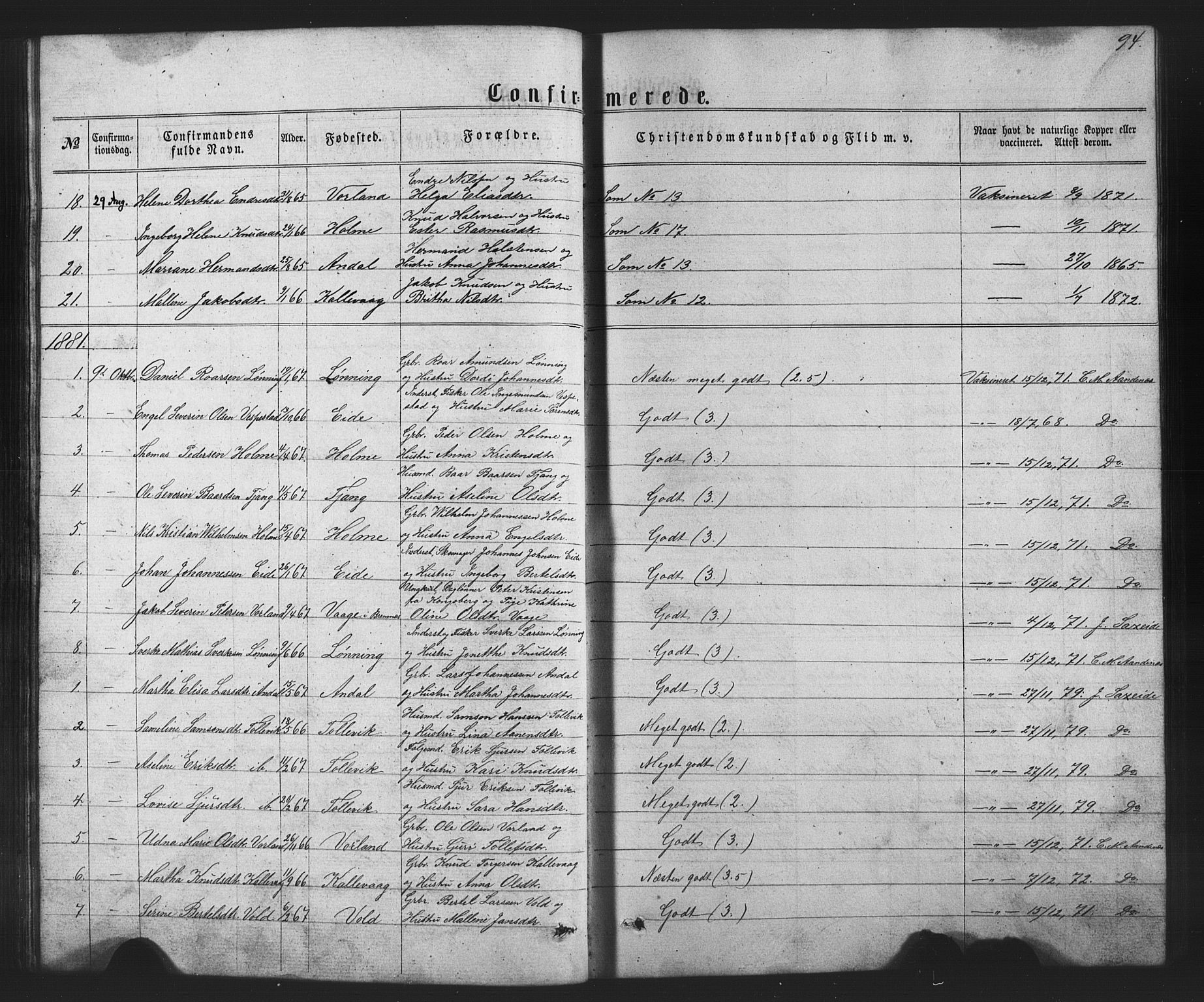 Finnås sokneprestembete, AV/SAB-A-99925/H/Ha/Hab/Habc/L0001: Parish register (copy) no. C 1, 1860-1887, p. 94