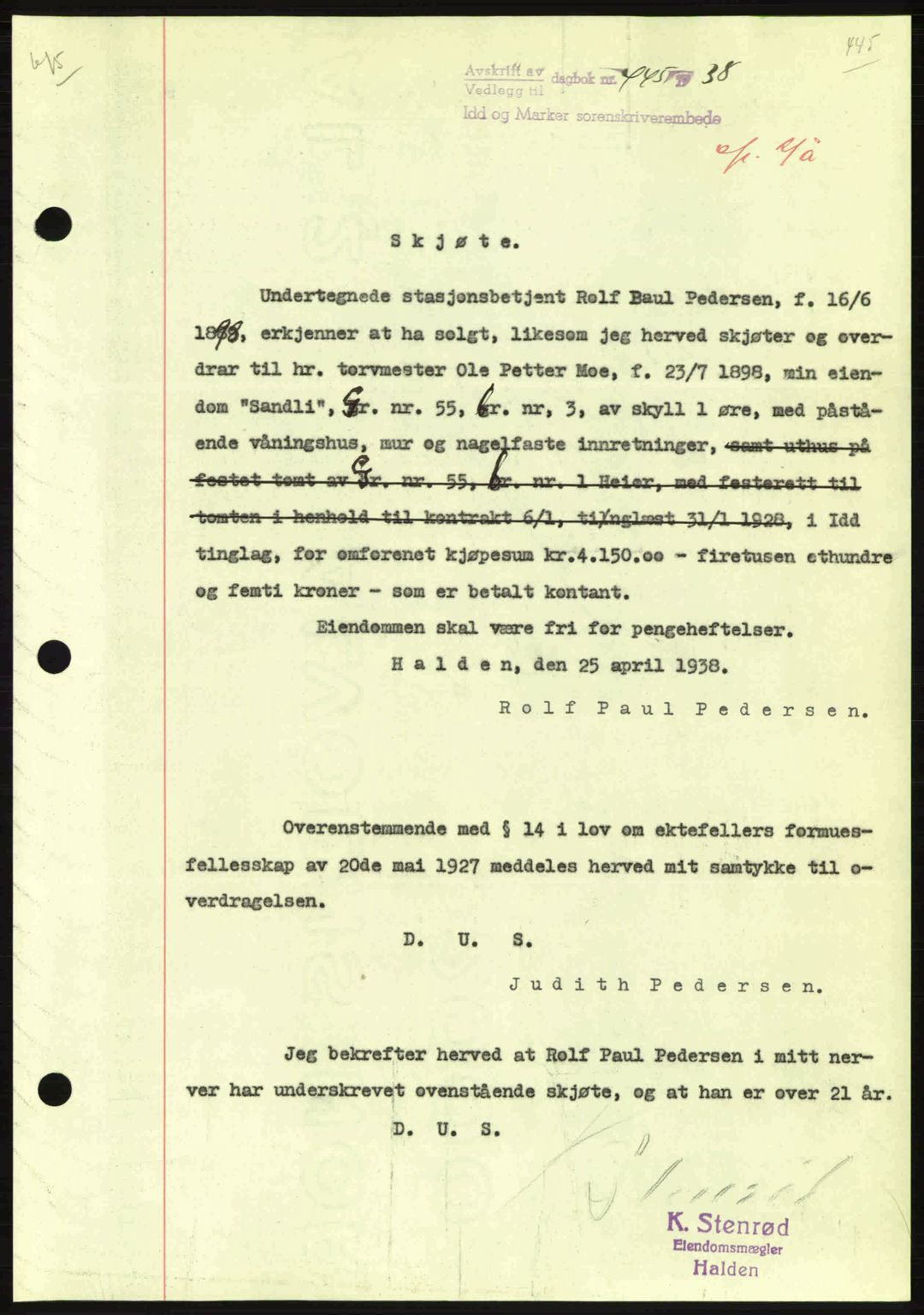 Idd og Marker sorenskriveri, AV/SAO-A-10283/G/Gb/Gbb/L0002: Mortgage book no. A2, 1937-1938, Diary no: : 445/1938