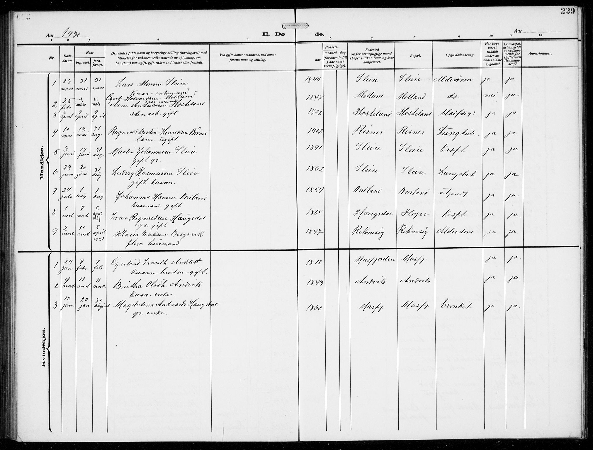 Masfjorden Sokneprestembete, SAB/A-77001: Parish register (copy) no. B  2, 1912-1939, p. 229