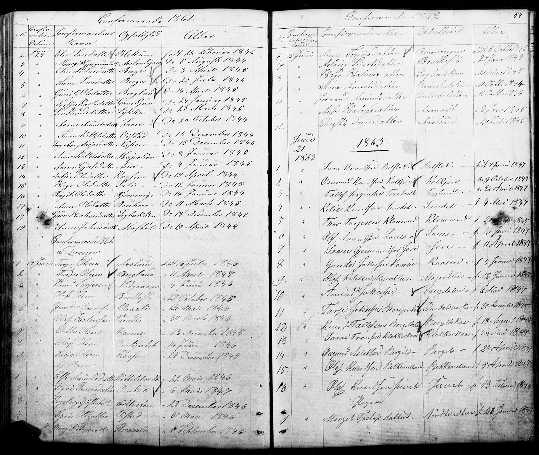 Mo kirkebøker, SAKO/A-286/G/Gb/L0002: Parish register (copy) no. II 2, 1851-1890, p. 54