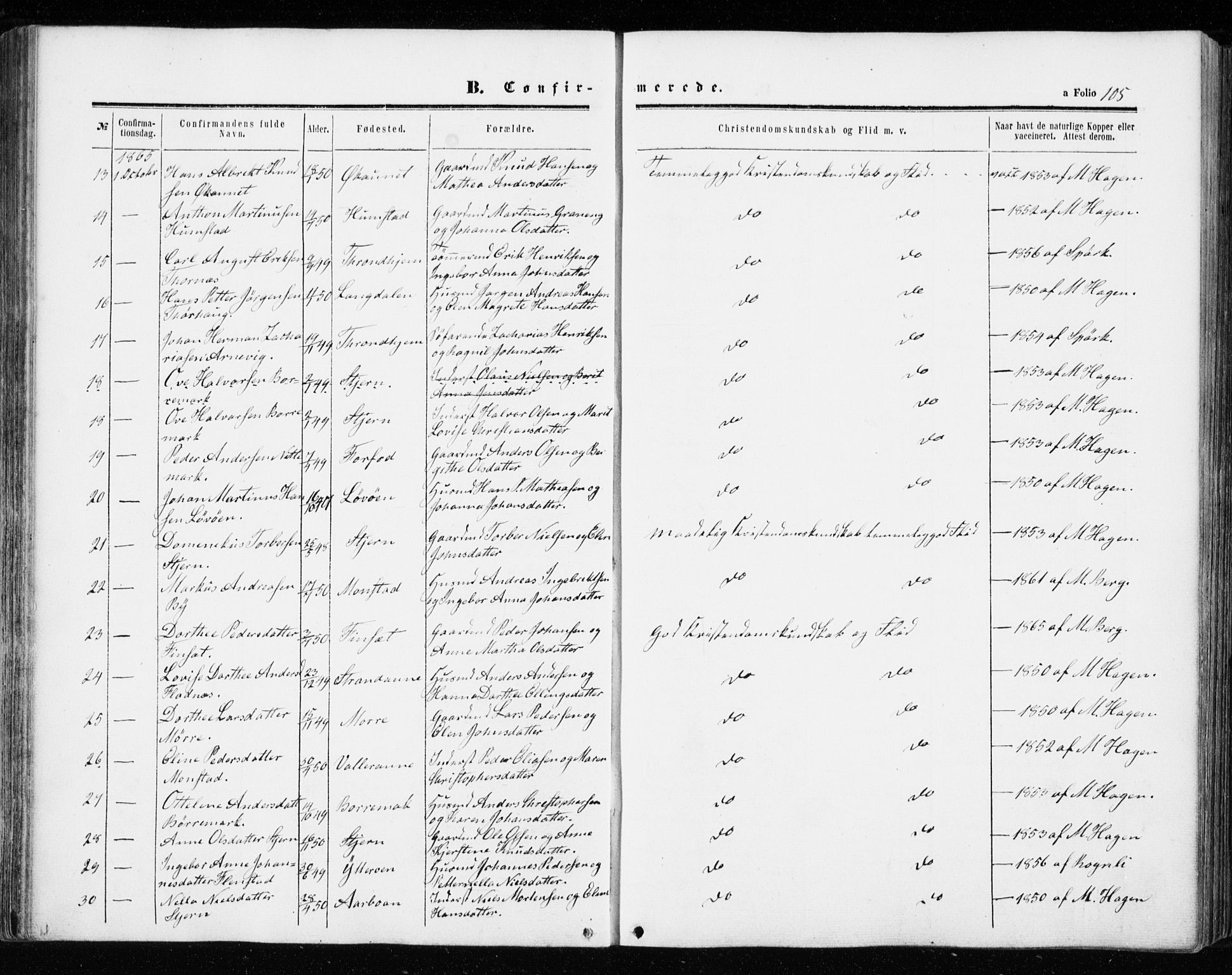 Ministerialprotokoller, klokkerbøker og fødselsregistre - Sør-Trøndelag, SAT/A-1456/655/L0678: Parish register (official) no. 655A07, 1861-1873, p. 105
