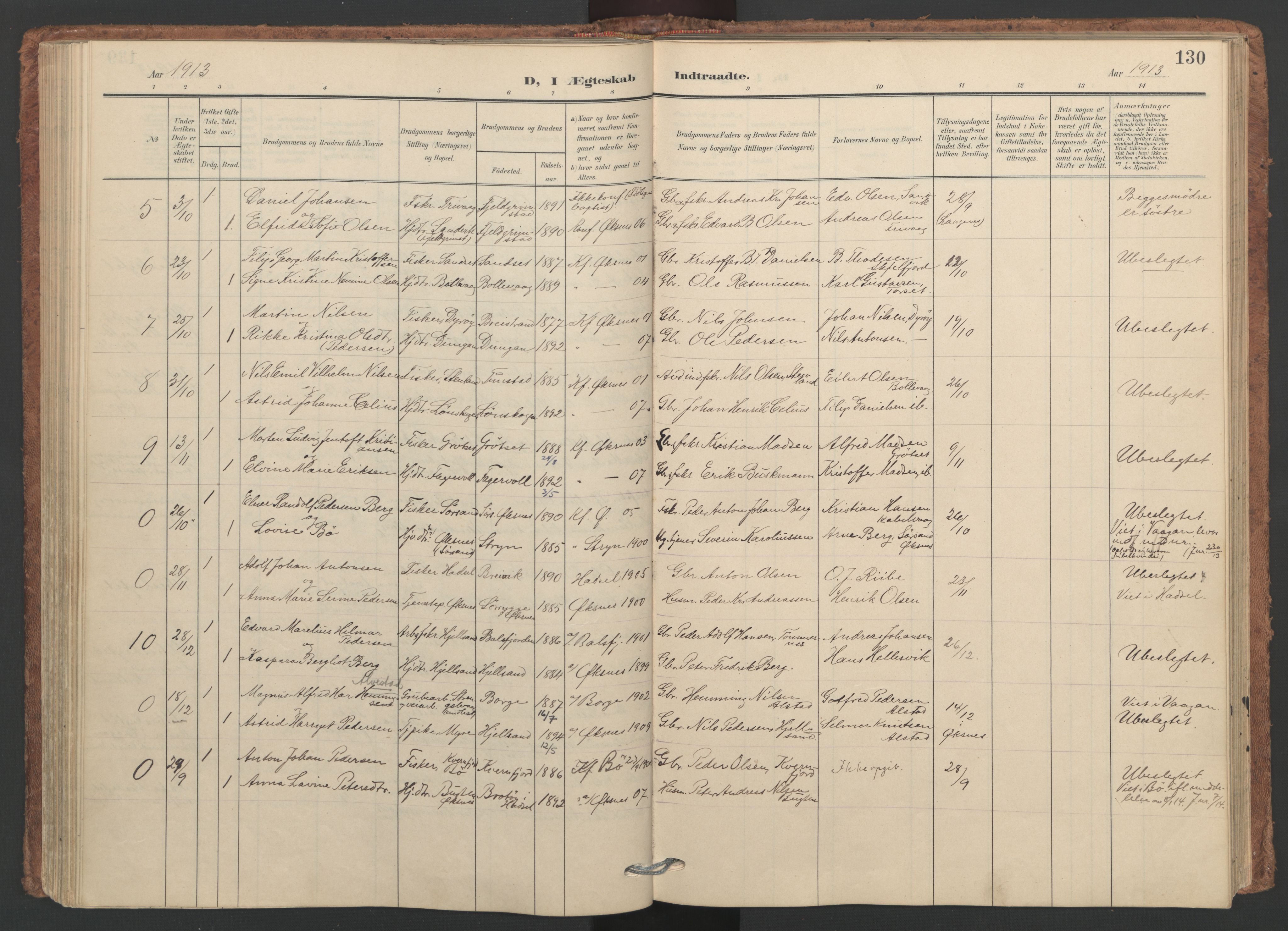 Ministerialprotokoller, klokkerbøker og fødselsregistre - Nordland, AV/SAT-A-1459/893/L1339: Parish register (official) no. 893A11, 1904-1914, p. 130