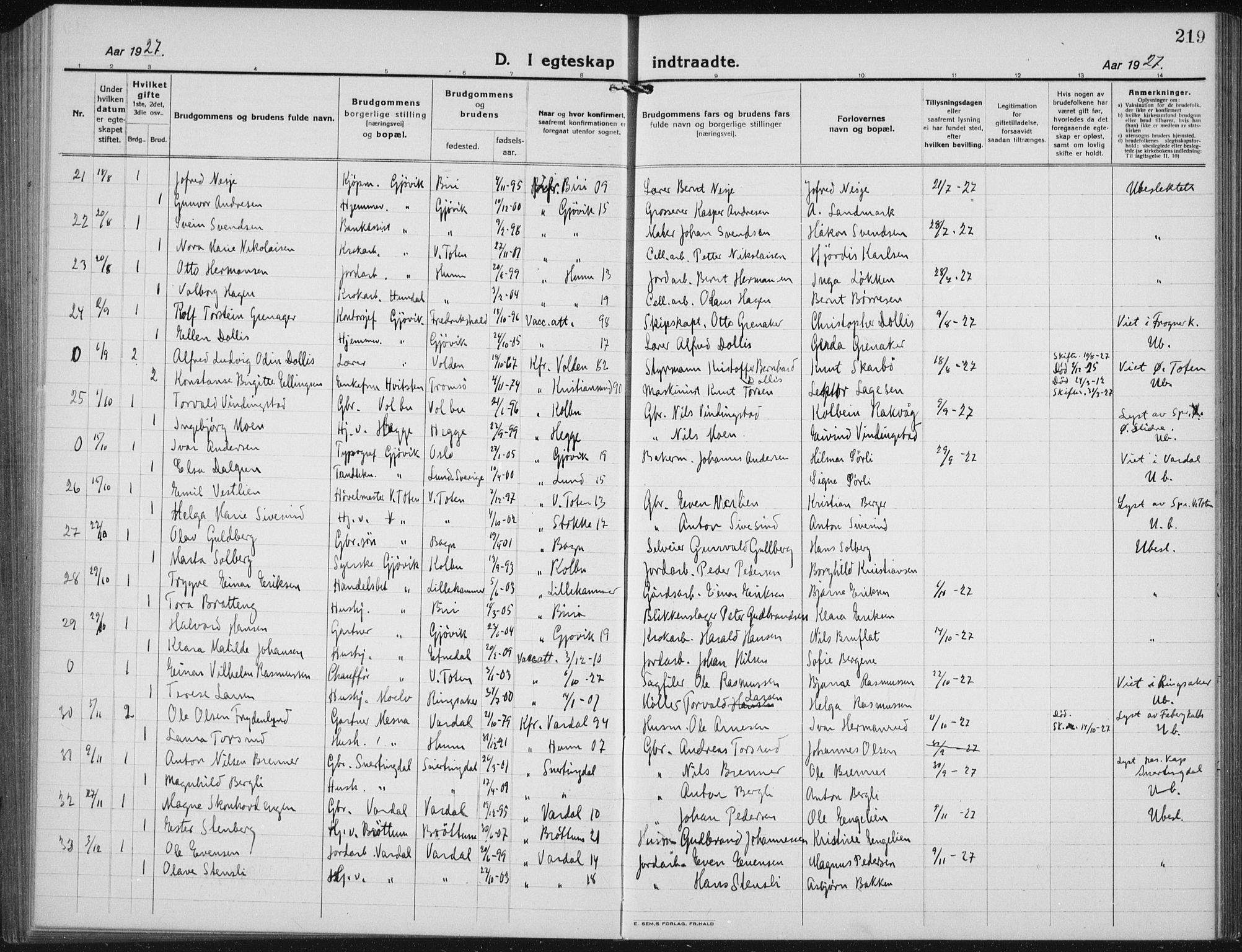 Vardal prestekontor, AV/SAH-PREST-100/H/Ha/Hab/L0017: Parish register (copy) no. 17, 1922-1941, p. 219