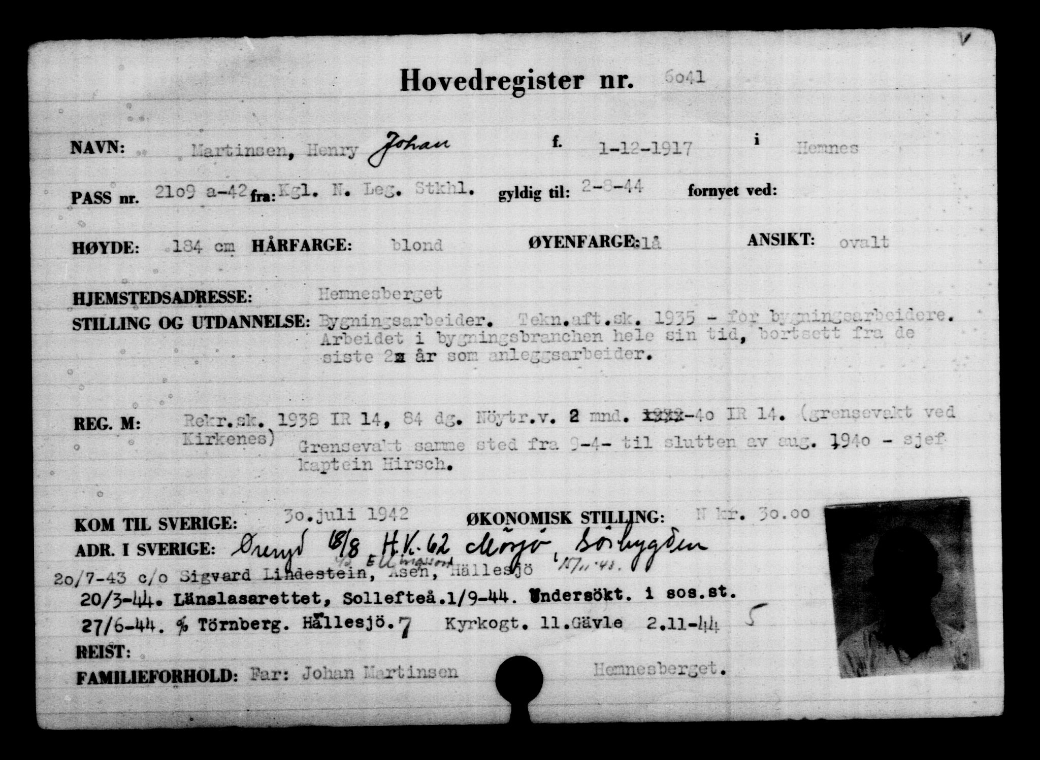 Utenriksstasjonene, Legasjonen i Stockholm, Flyktningkontoret, AV/RA-S-6753/V/Va/L0004: Kjesäterkartoteket, flyktninger med registreringsnr. 3496-6610, 1940-1945, p. 2978