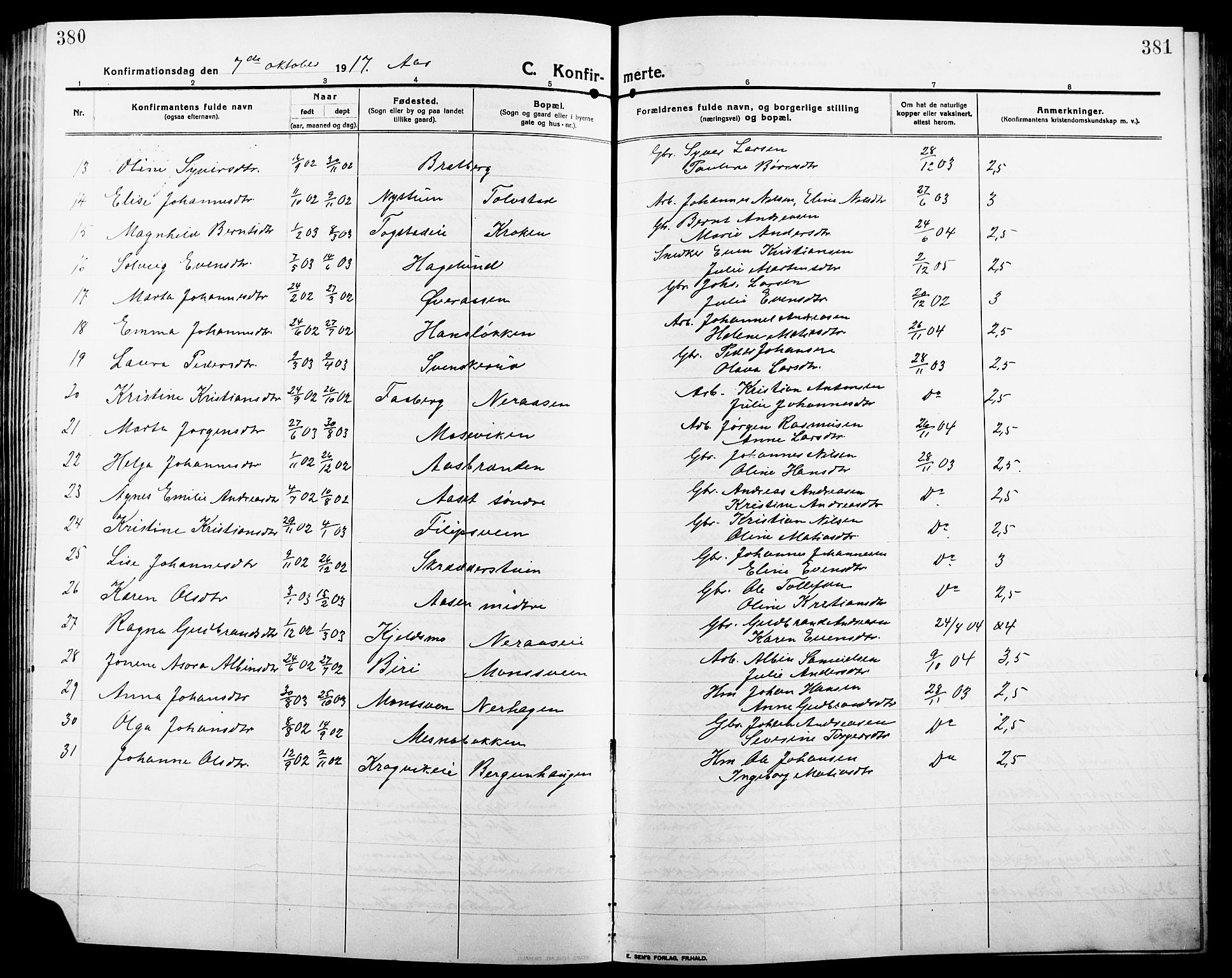 Ringsaker prestekontor, SAH/PREST-014/L/La/L0018: Parish register (copy) no. 18, 1913-1922, p. 380-381