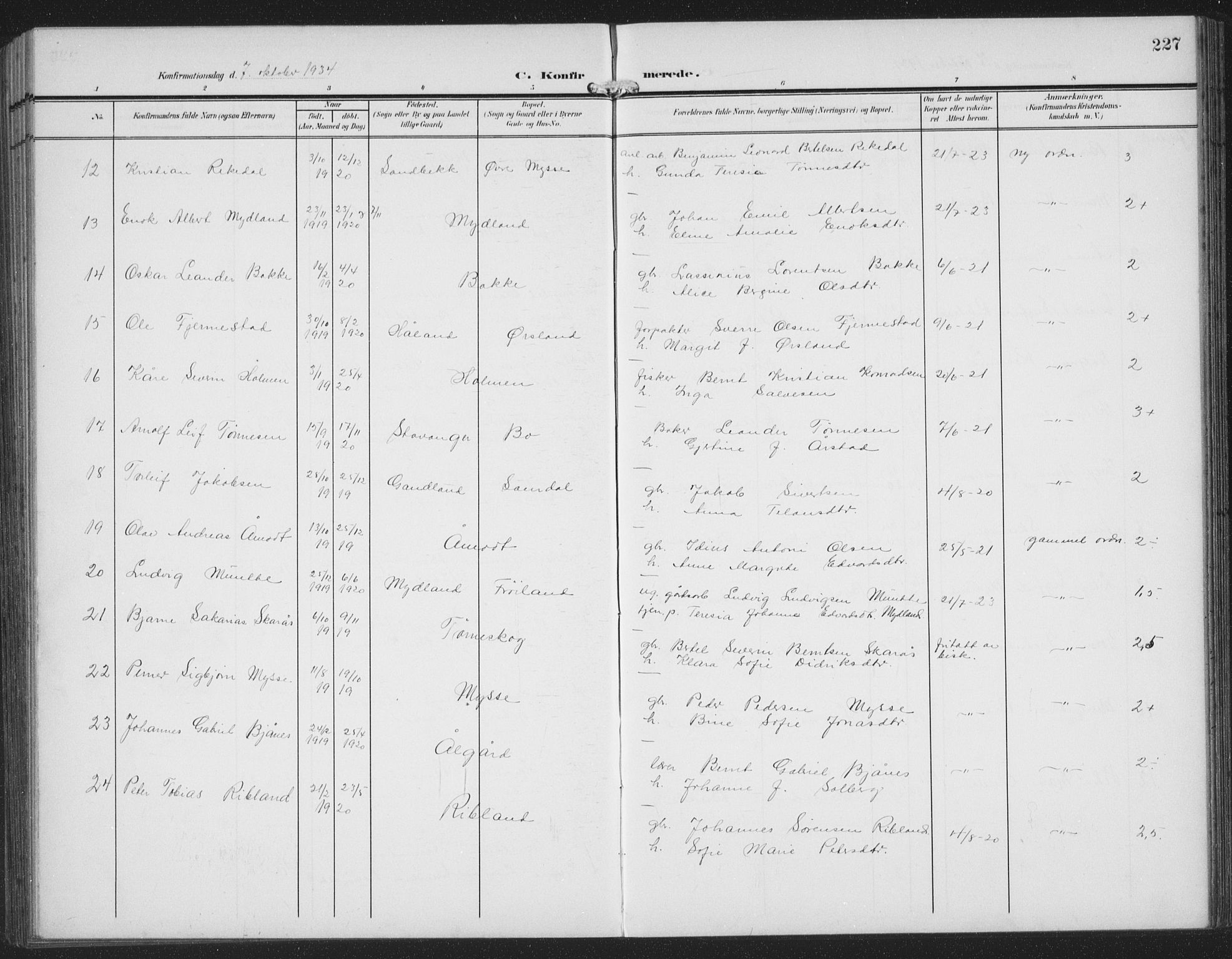 Sokndal sokneprestkontor, AV/SAST-A-101808: Parish register (copy) no. B 8, 1908-1934, p. 227