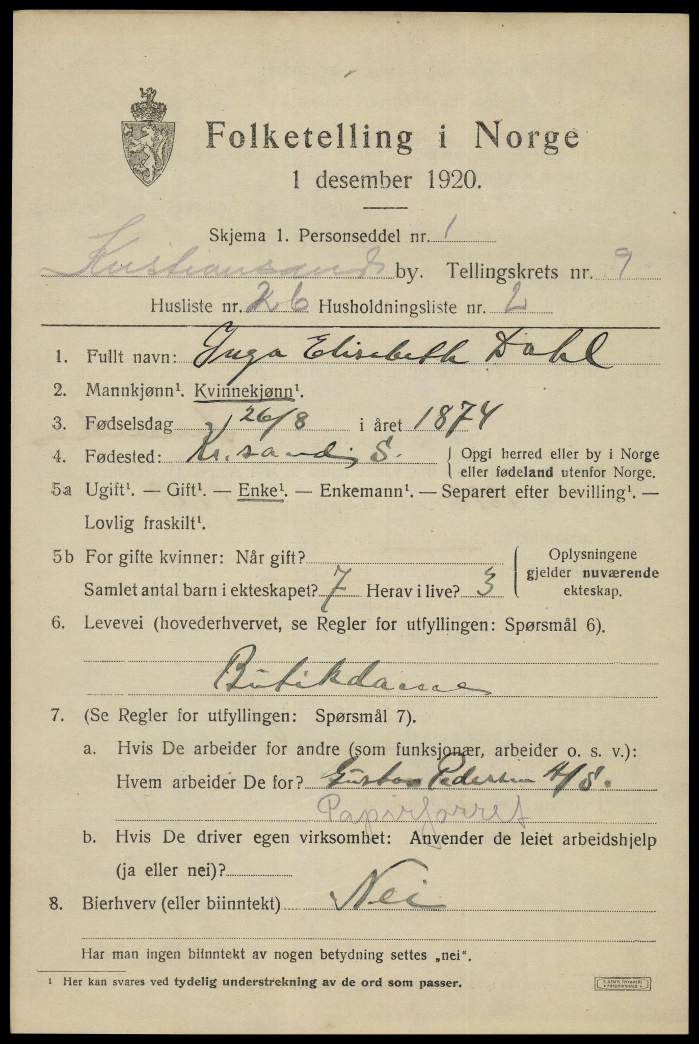 SAK, 1920 census for Kristiansand, 1920, p. 22963