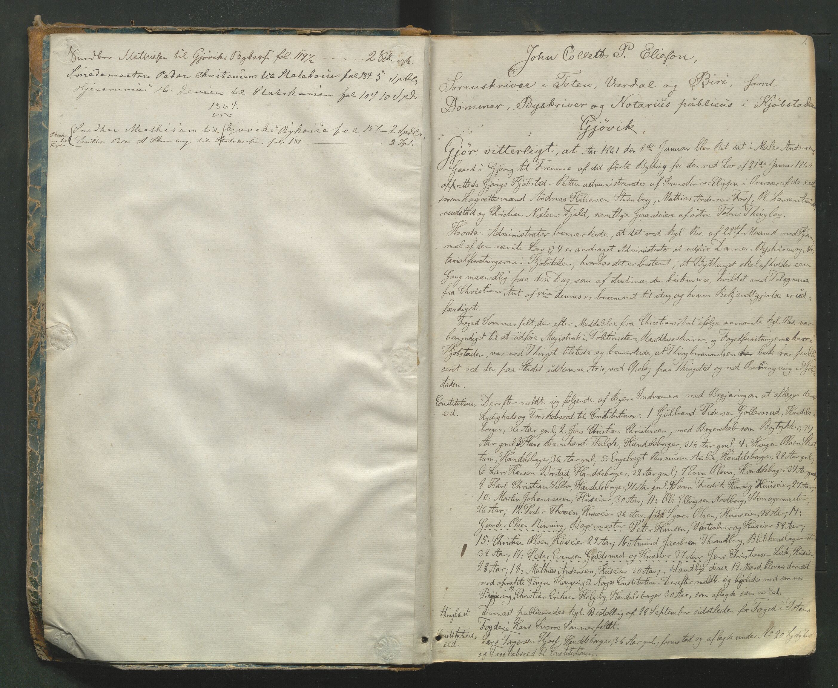 Toten tingrett, AV/SAH-TING-006/G/Gb/Gbb/L0001: Justis-, ekstraretts- og notarialprotokoll, 1861-1864, p. 1a