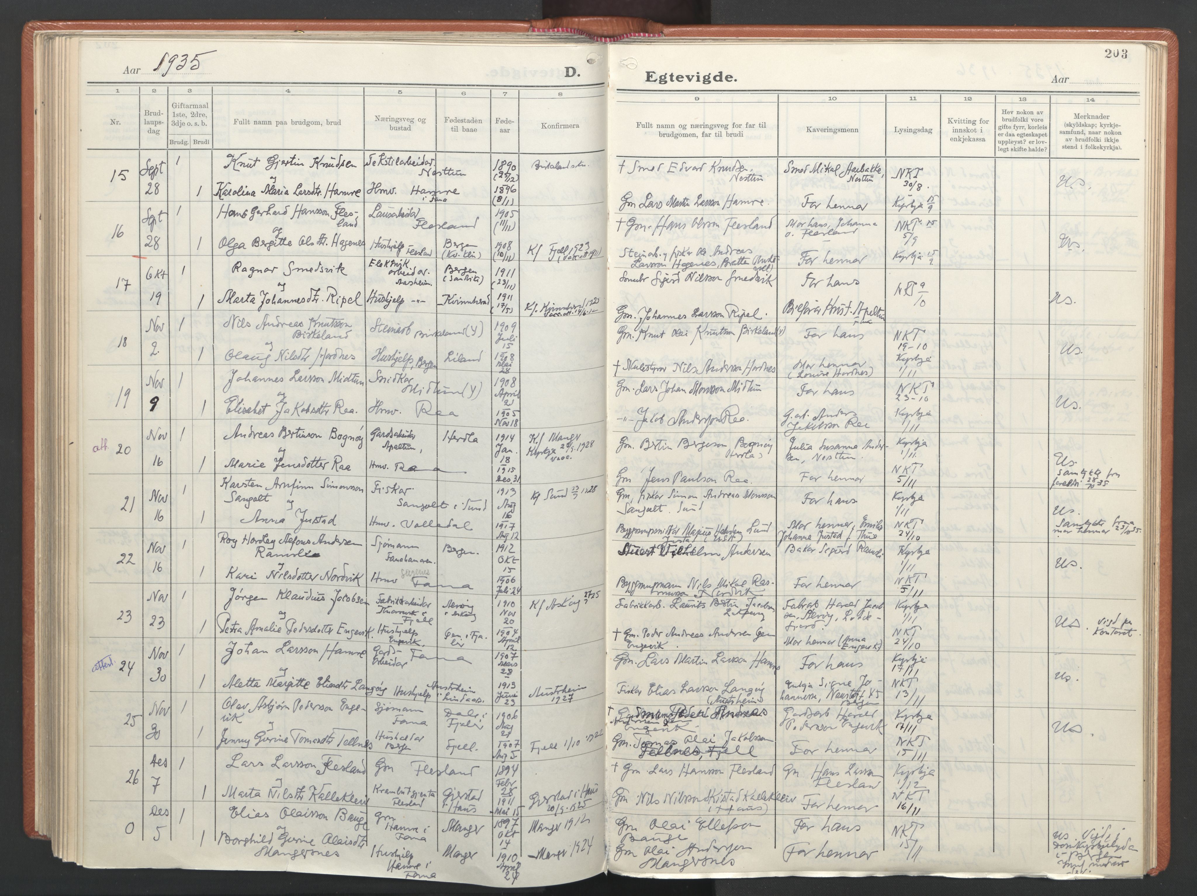 Fana Sokneprestembete, AV/SAB-A-75101/H/Haa/Haab/L0007: Parish register (official) no. B 7, 1934-1947, p. 203