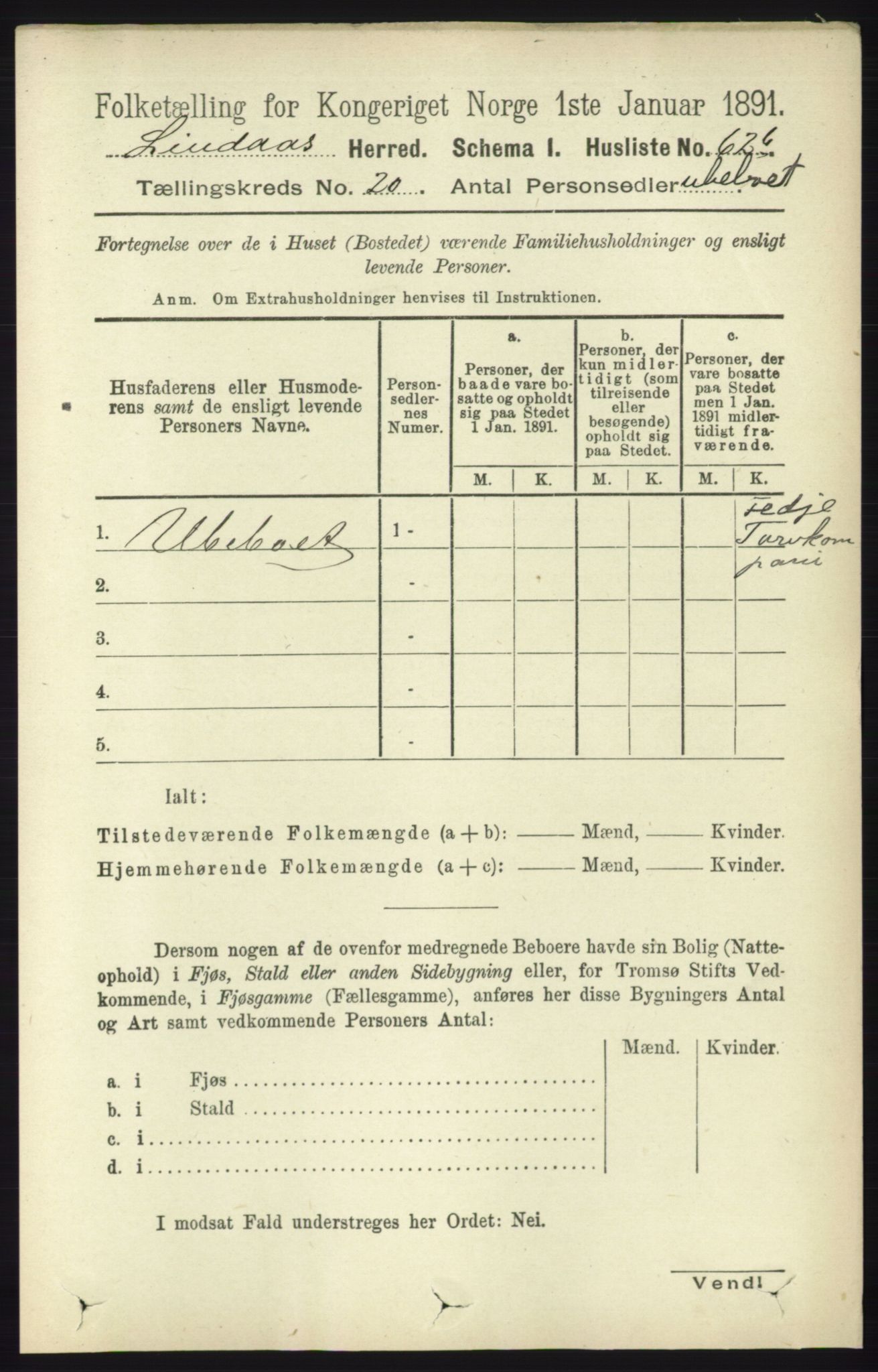 RA, 1891 census for 1263 Lindås, 1891, p. 7336