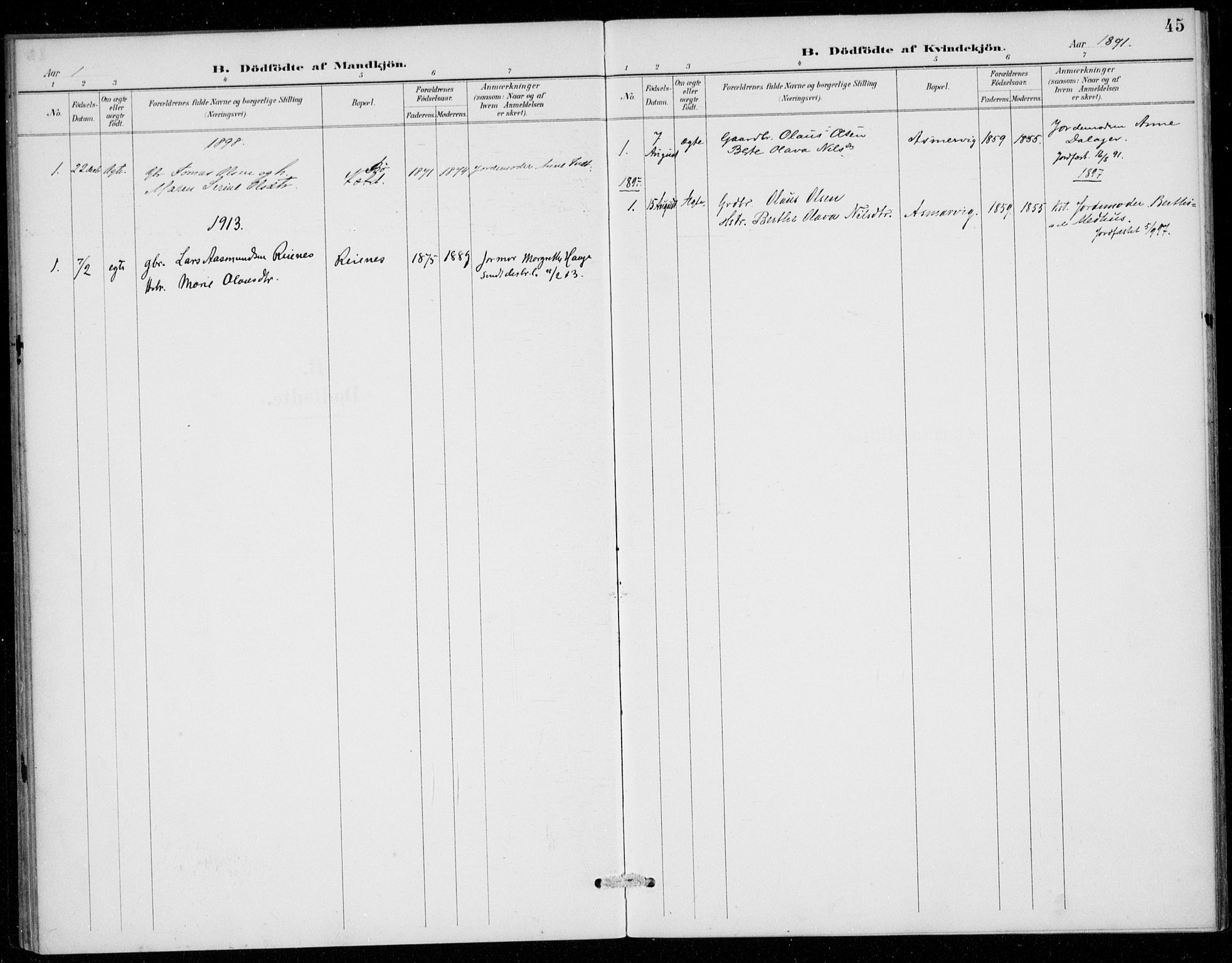 Rennesøy sokneprestkontor, SAST/A -101827/H/Ha/Haa/L0016: Parish register (official) no. A 16, 1891-1924, p. 45